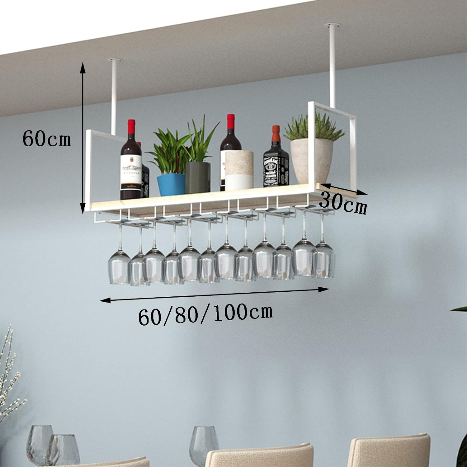 Hanging Shelf Ceiling Wine Rack/Hanging Rack Combination, Loft Modern Wine Glass Rack, with Fence Design to Prevent Items from Falling Home Decoration
