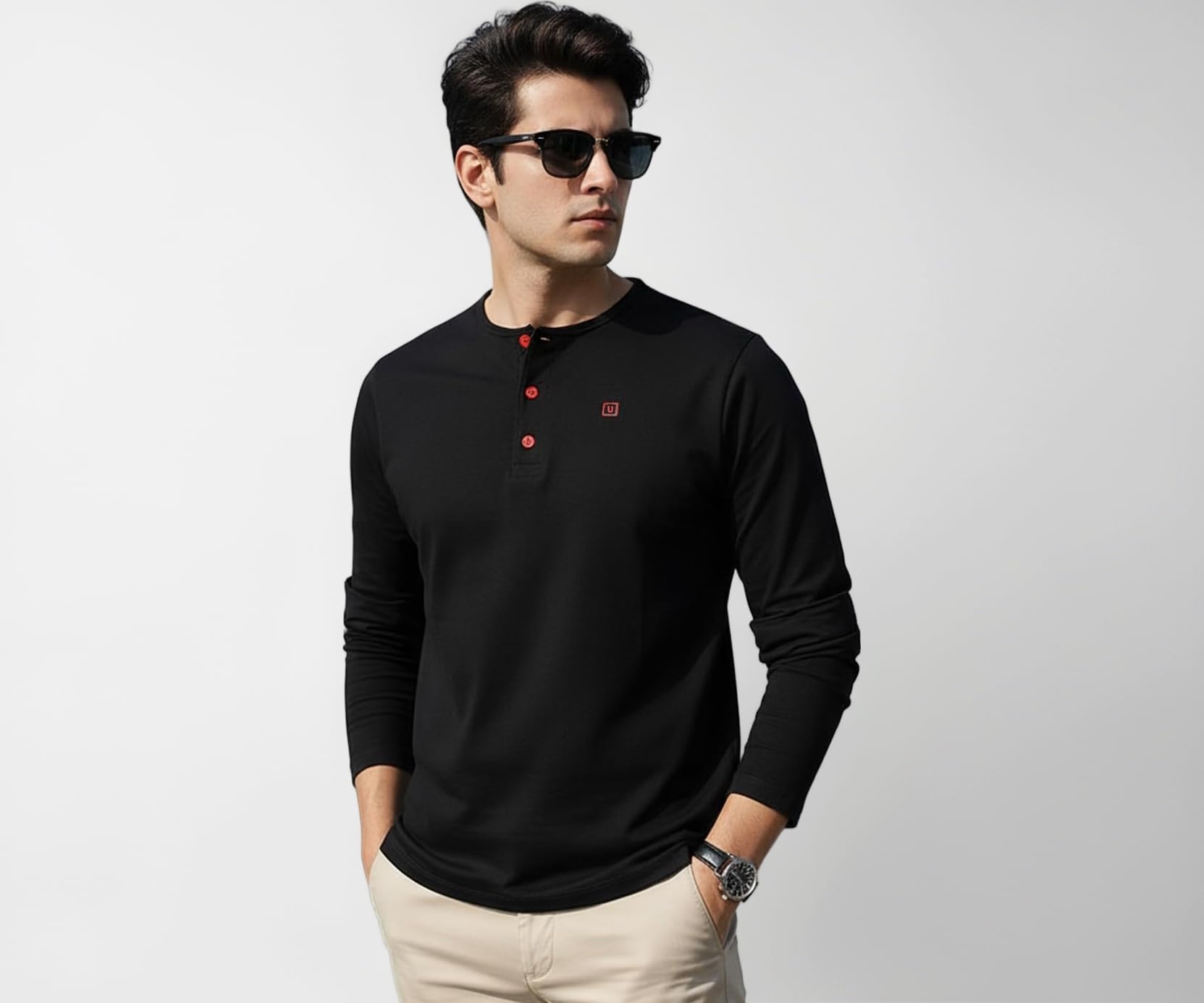 Urbano Fashion Men's Solid Henley Neck Slim Fit Full Sleeve Cotton T-Shirt