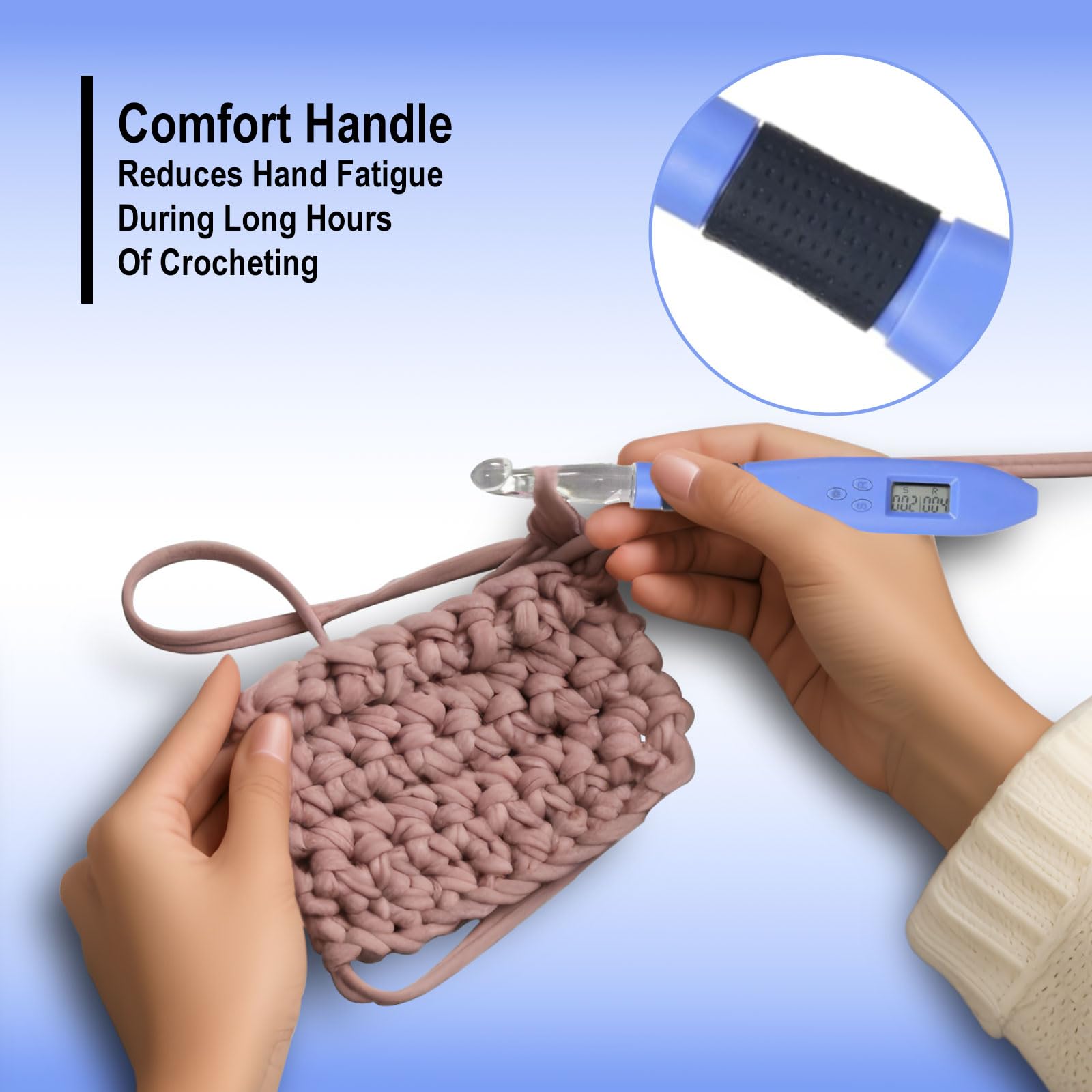 Foxyoo Juego de agujas ergonómicas de ganchillo con luz y contador de puntadas, 18 piezas | Kit intercambiable (2.0-14.0 mm) para aliviar la artritis, principiantes y avanzados, estuche de viaje portátil incluido