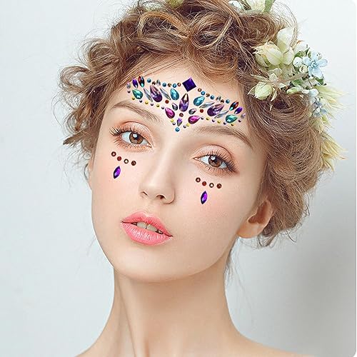 Miniatura 2 de Allruyee 4 paquetes de joyas para la cara, gemas de sirena con purpurina de cristal, calcomanías de cristal impermeables para ojos, tatuajes