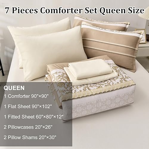 Miniatura 4 de Juego de edredón caqui en una bolsa, juego de edredón floral de cachemira de 7 piezas tamaño Queen para todas las estaciones, juego de ropa de cama