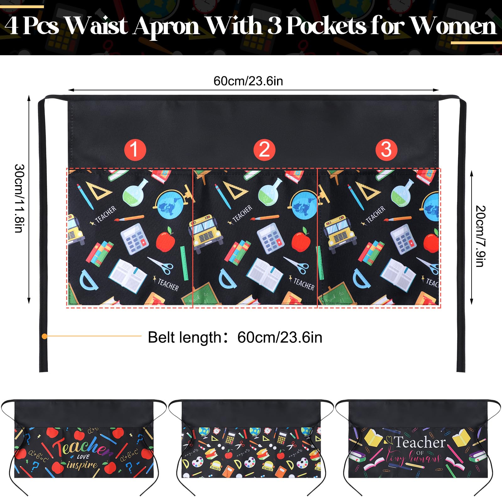 Handepo 4 Pieces Waist Apron for Teachers with 3 Pockets Waterproof Half Aprons Back to School Bibs for Teacher Appreciation Gift