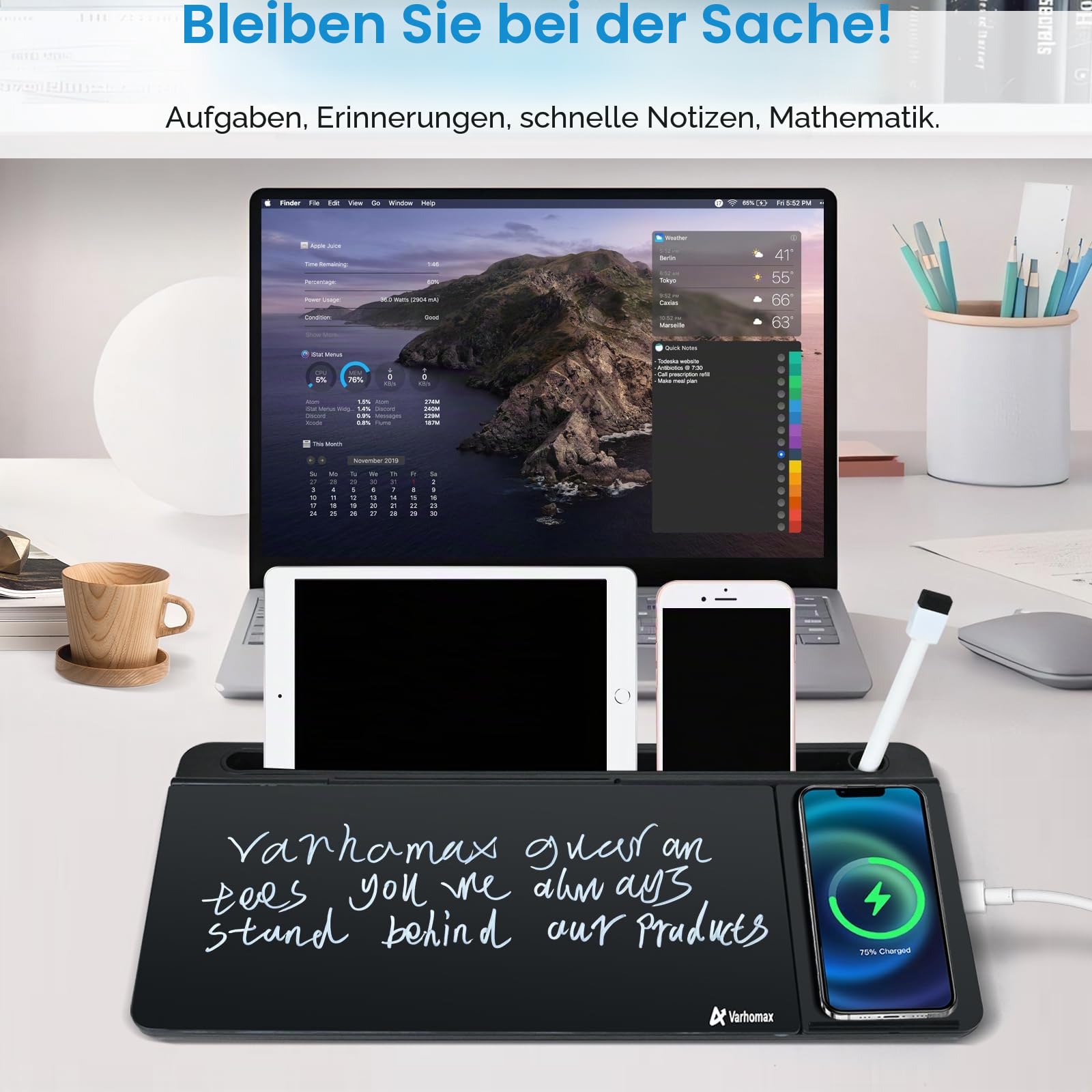Varhomax Glas-Schreibtisch-Whiteboard mit kabellosem Ladegerät, trocken abwischbar, Whiteboard mit Aufbewahrung, To-Do-Liste, Notizblock für Zuhause und Büro, Schwarz