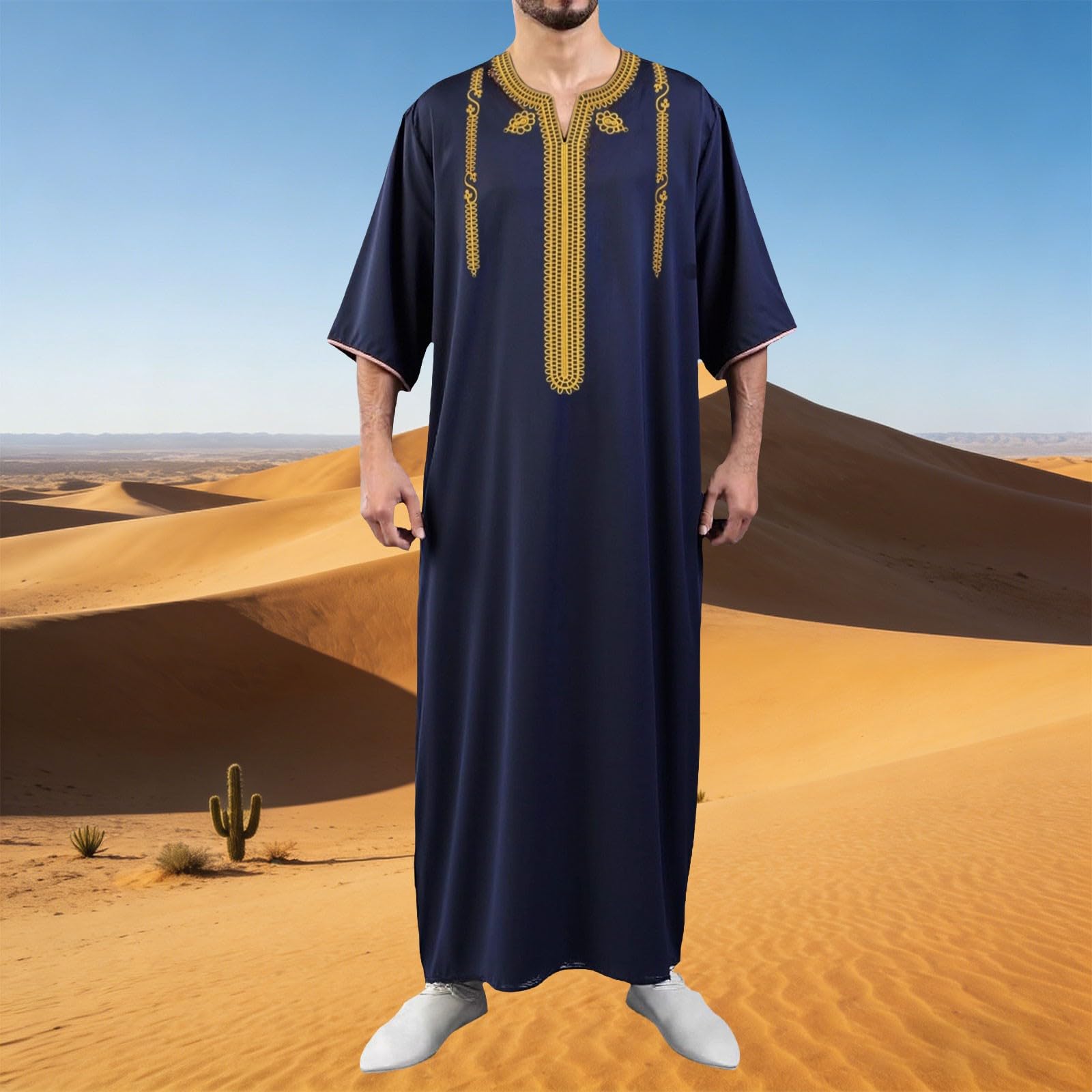 CHUNOTU - Bata musulmana bordada para hombre, estilo informal, bloque de color, cuello Thobes, transpirable, largo y étnico
