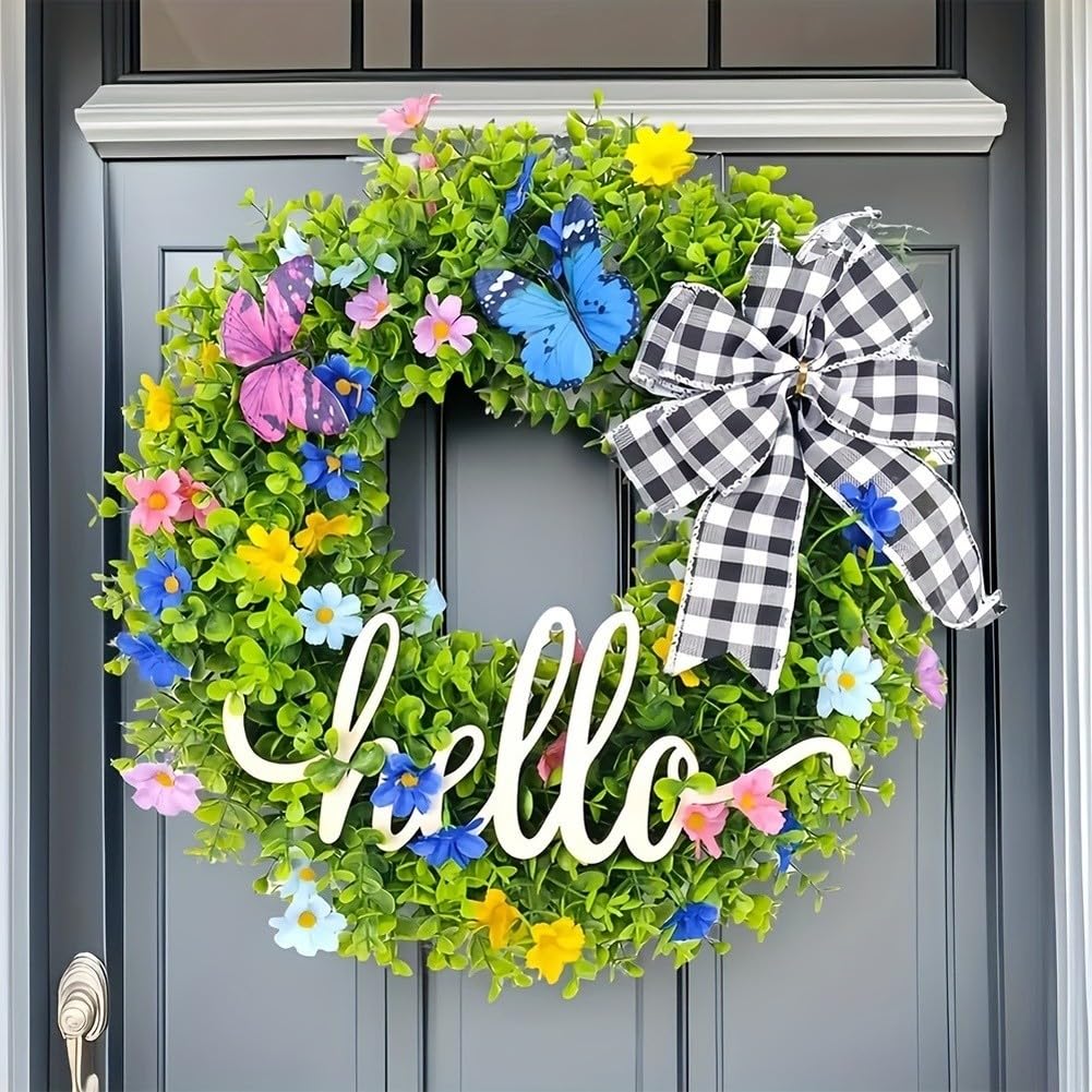 Ghirlanda di eucalipto con cartello di benvenuto, 46 cm, verde, artificiale, decorazione per porta d'ingresso, per casa, giardino, cortile, esterno, interno, da appendere alla parete