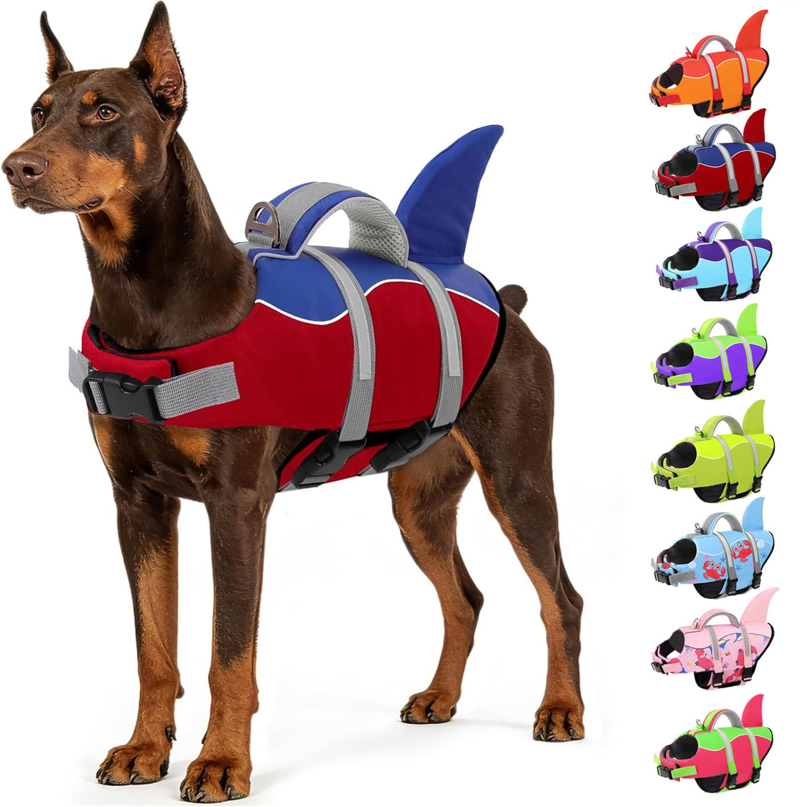 AOFITEE Hundeschwimmweste Hai, Verstellbar & Ripstop Schwimmweste Hunde, Hohe Flotation Rettungsweste Hund mit Rettungsgriff und Reflektorstreifen für Kleine, Mittlere, Große Hunde