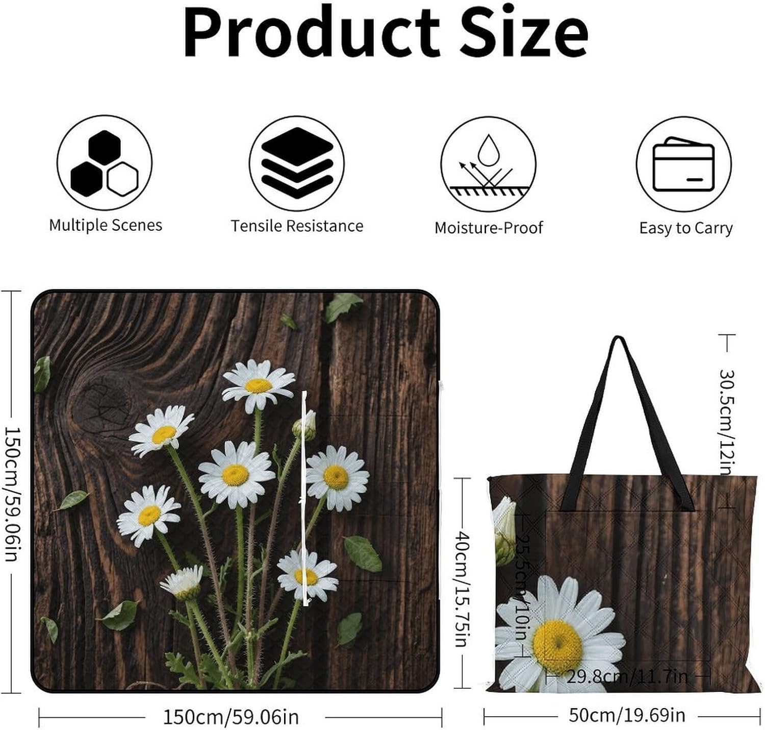 Daisy Wood Grain Picnic Blanket 150x150cm, Foldable 2-in-1 Picnic Mat and Tote Bag Portable Waterproof Beach Mat Sandproof Outdoor Blanket for Park, Hiking, Beach, Camping, Travel