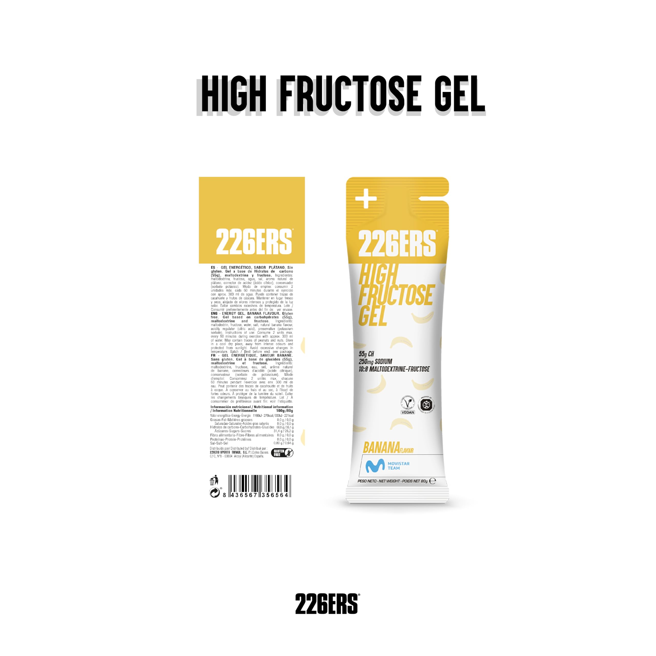 226ERS - High Fructose Gel, Energiegel für Sportler, mit Maltodextrin und Fruktose, vegan und glutenfrei, Kohlenhydratzufuhr, Geschmack Banane, 24 Gels x 80 g