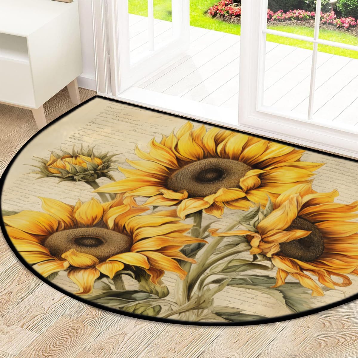 Mexpekil Paillasson rétro en forme de demi-lune pour intérieur et extérieur - Lavable - Absorbant la saleté - Demi-rond - Motif tournesols - 100 x 160 cm