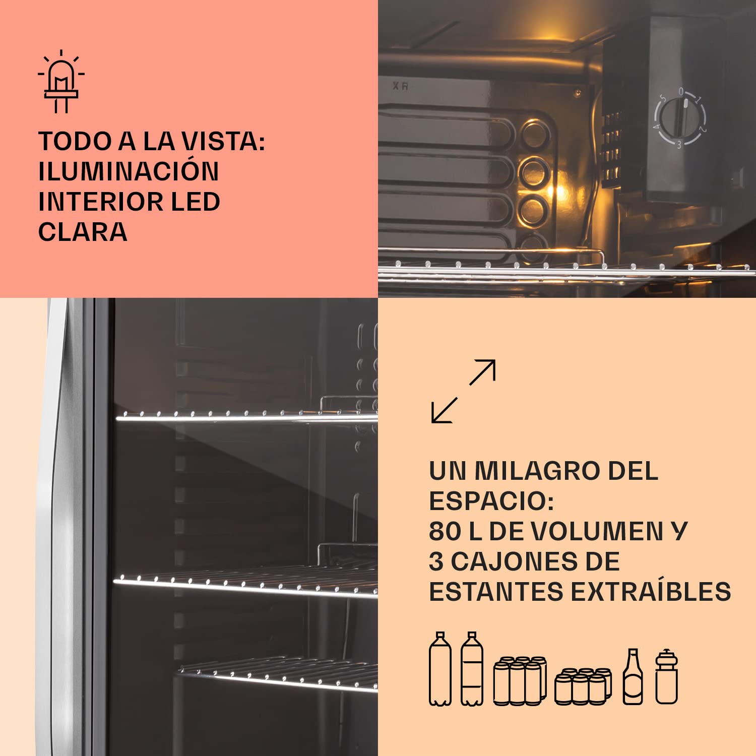 KLARSTEIN Mini Nevera Pequeña con Puerta de Cristal para Habitaciones, 80 L, Frigorifico Portatil Electrico con Estantes para Bebidas