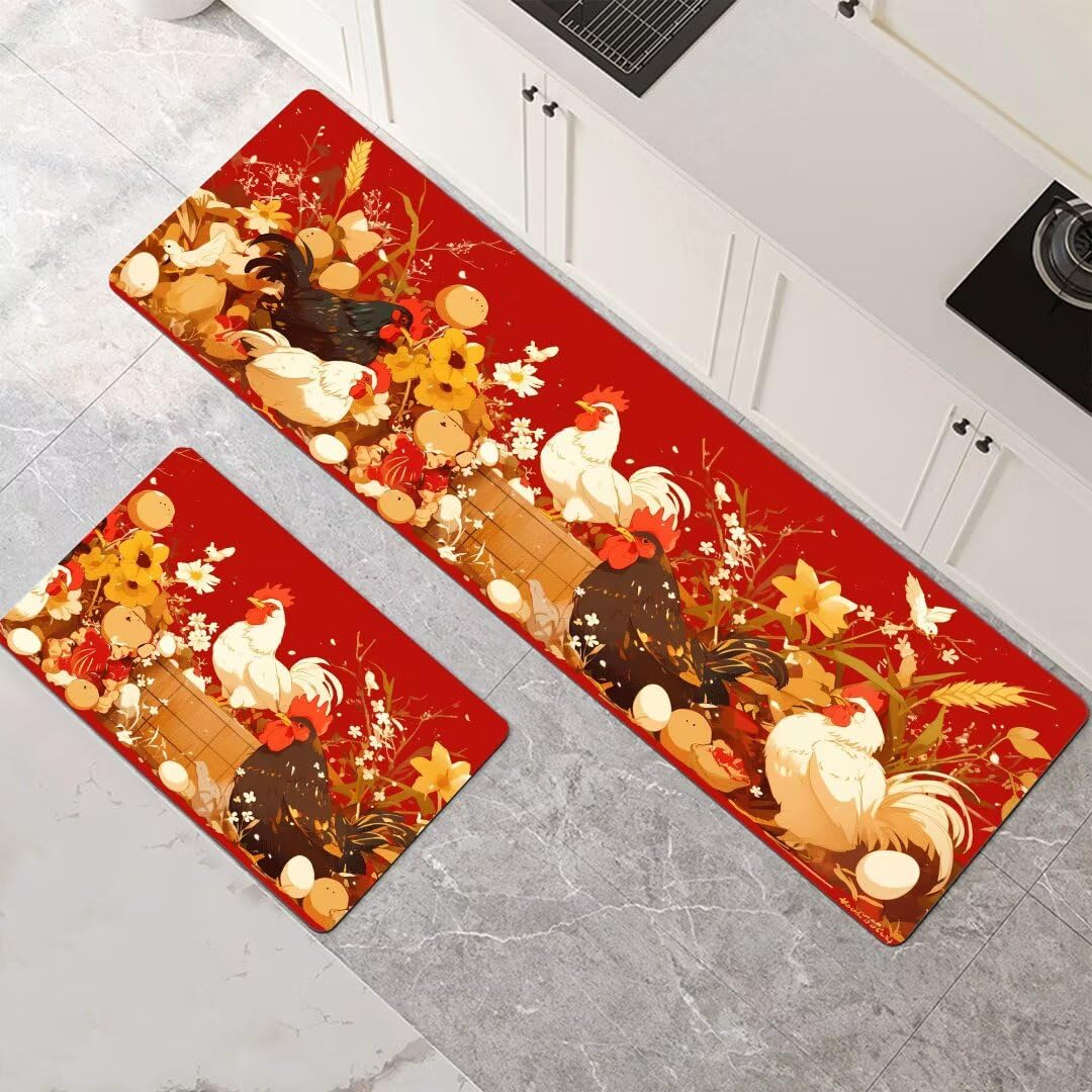 Alfombras de cocina de 2 piezas lavables y antideslizantes con diseño de pollos para comedor 45x140cm