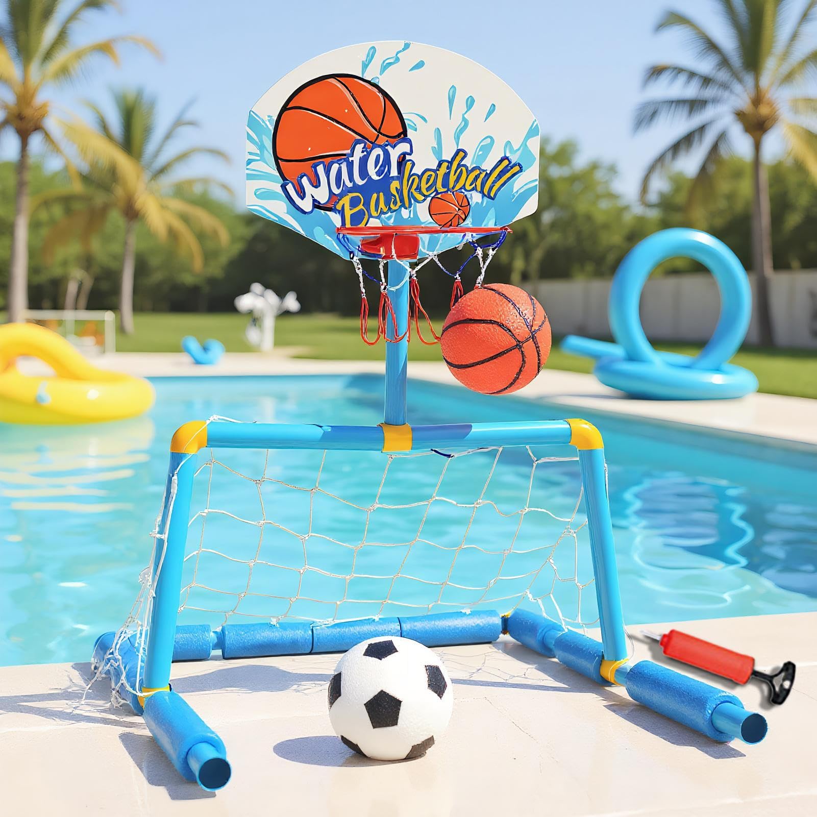Aufblasbares Fußball Basketball Pool Float Set, Pool Spielzeug, Basketballkörbe Für Pool, Aufblasbare Wasserspiele Sommer Für Kinder Und Erwachsene, Wasserballspiel Set