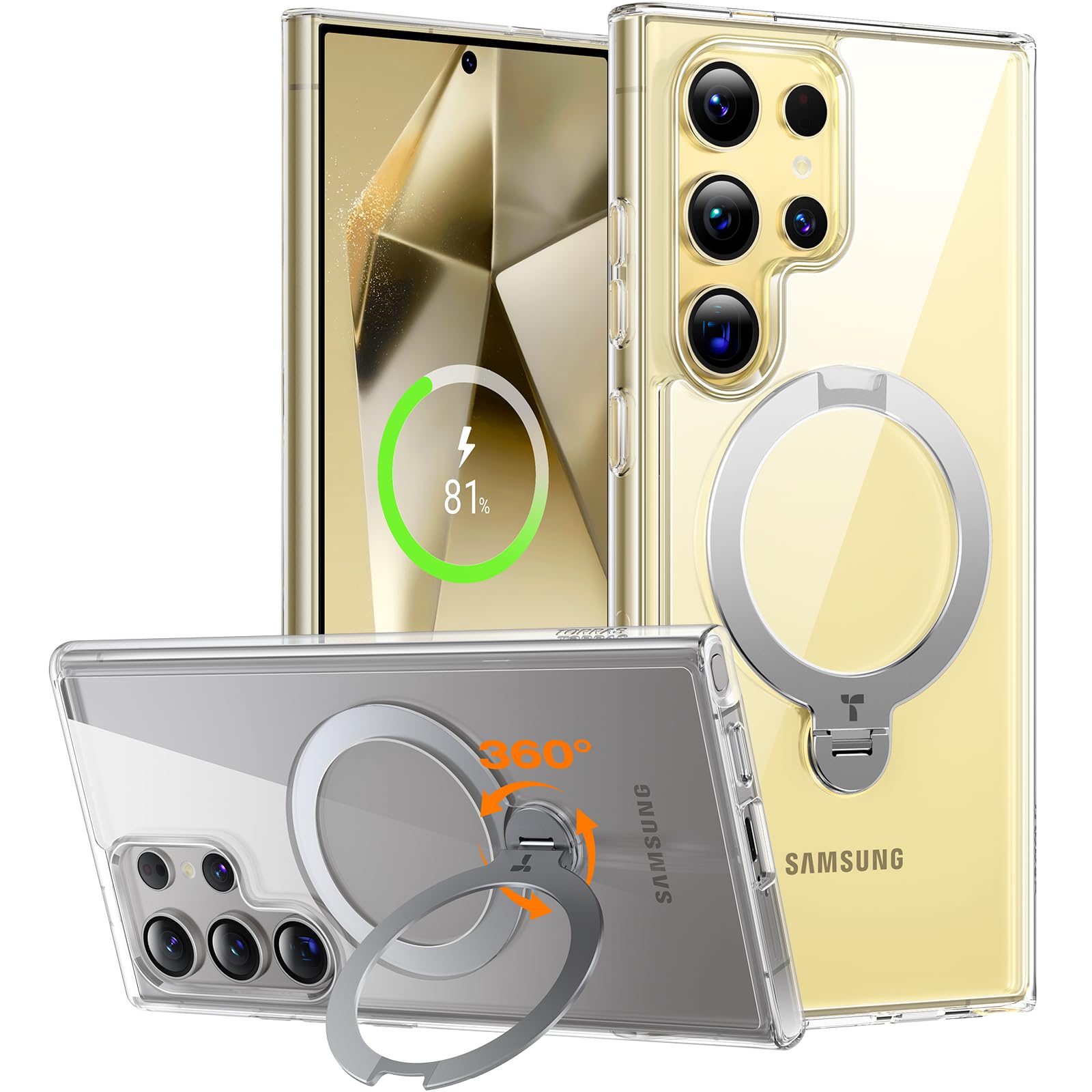 TORRAS 360°Spin Magnetic Kickstand for Samsung Galaxy S24 Ultra Case, Compatible with Magsafe, Transparent Slim Protective S24 Ultra Phone Case with Stand&Ring Holder, Ostand Spin, Clear