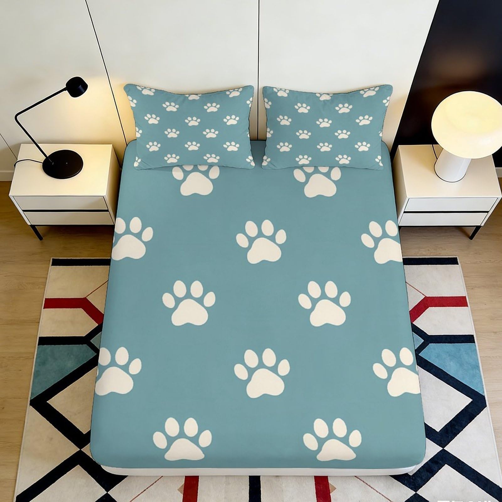 3D Printed Paw Print Fitted Sheet Microfiber Soft Breathable Animal Pattern Bed Cover for Bedroom Dormitory Guest Room Mattress Protection 90x200x25cm