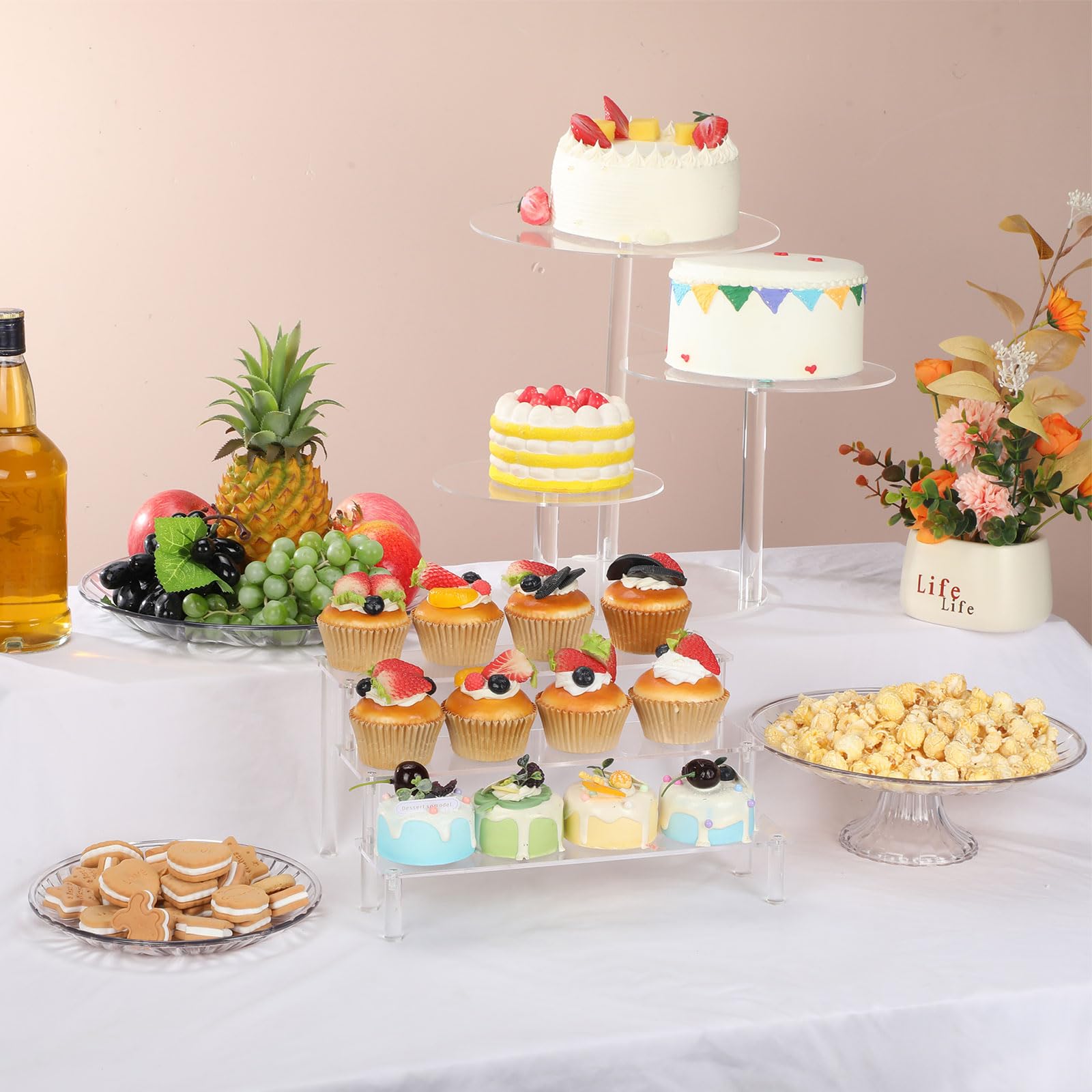 El juego de 6 soportes acrílicos para tartas incluye 2 elevadores de exhibición, 1 torre de cupcakes de nivel y 3 bandejas redondas transparentes para mesa de pastel para decoración de bodas