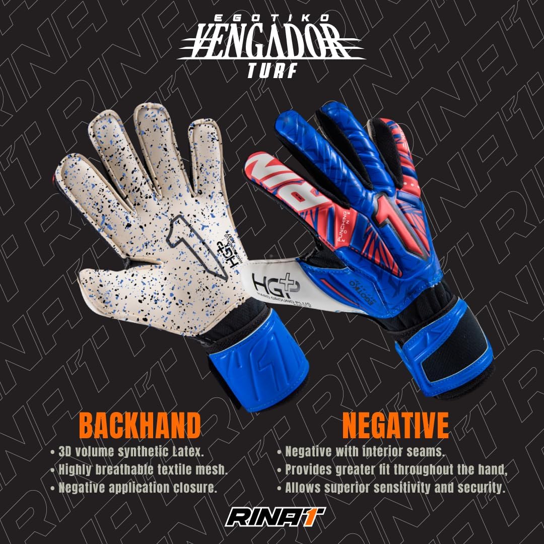 Rinat Egotiko Vengador Turf Goalkeeper Gloves Flat Cut, Latex Palm, Embossed Backhand, Sublimated Strap, Pro Fit