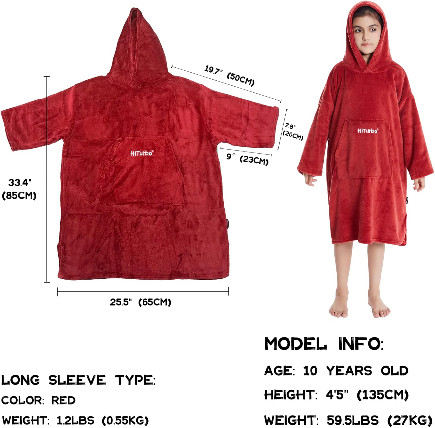 Hiturbo Kids Towel Changing Robe: Soft Plush Wearable Blanket - Warm Coral Fleece Hoodie - Swim Surf Poncho for 5-12 Years (Red) - Image 2