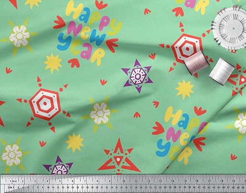 Miniatura 2 de Soimoi Tela de rayón verde con estampado de copo de nieve y texto de feliz año nuevo, 57.9in de ancho