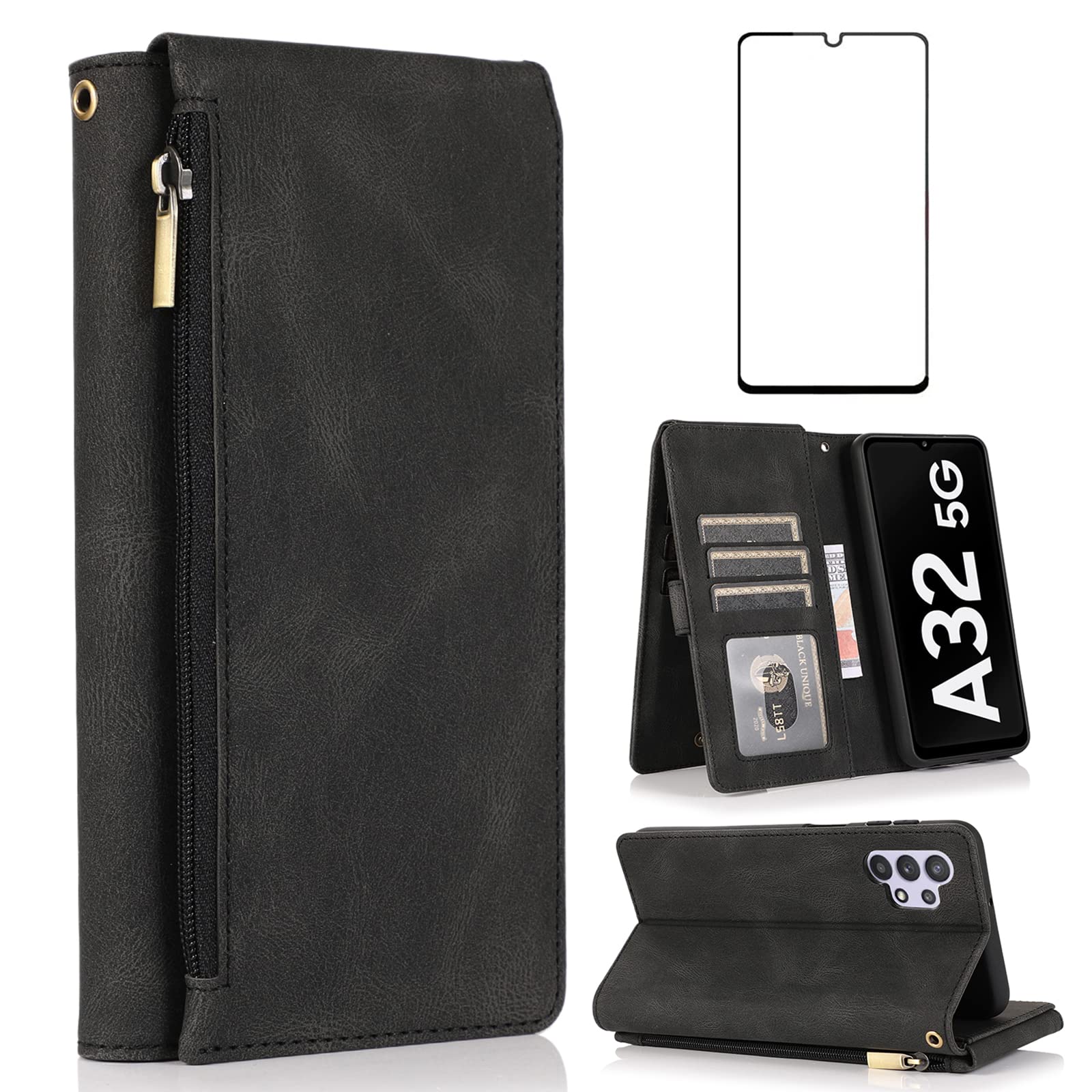 Compatible with Samsung Galaxy A32 5G 6.5 inch Wallet Case Tempered Glass Screen Protector Zipper Leather Flip Cover Card Holder Stand Cell Phone Cases for Glaxay A 32 32A S32 G5 A326U Women Men Black