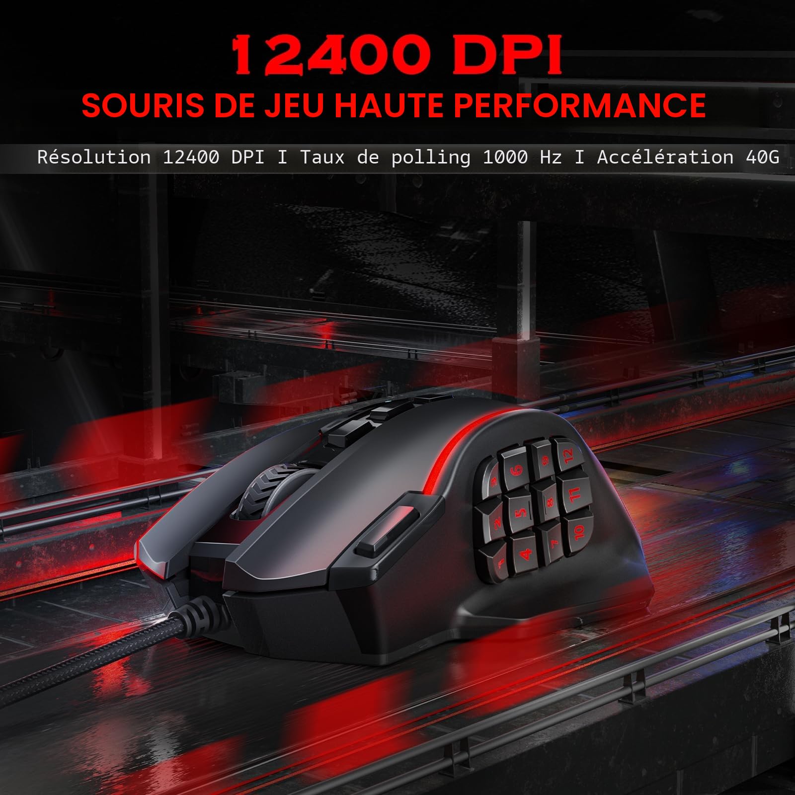 Redragon M901K Impact RVB Souris Gamer Filaire USB, MMO Souris avec 12 Boutons latéraux, 12,400 DPI, Haute précision, 19 Boutons programmables, Ergonomie, PC/Mac