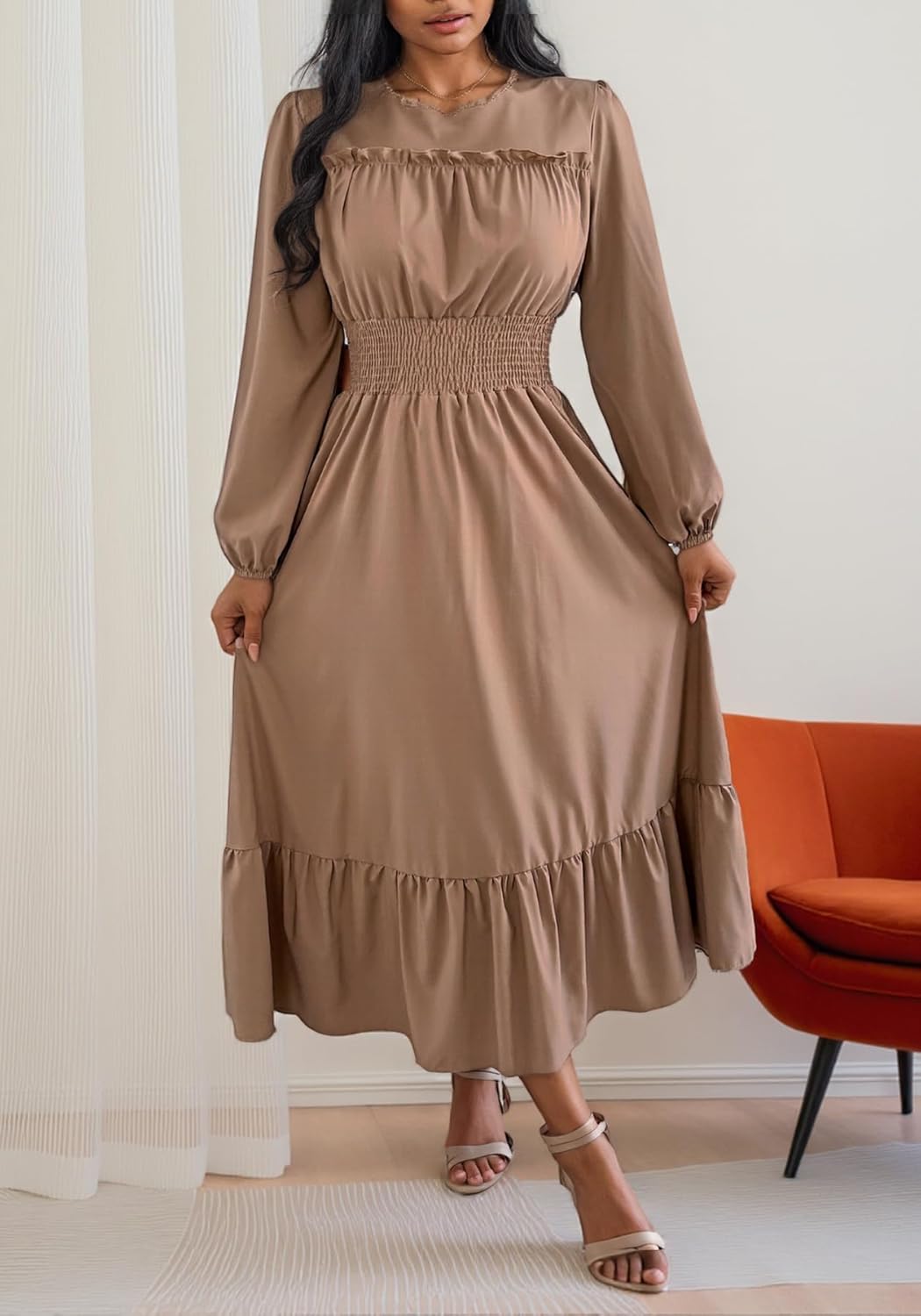 Womens Elegant Long Sleeve Maxi Dress Casual Pleated Tiered A Line Wedding Dresses Flowy Cocktail Party Dress - Image 2