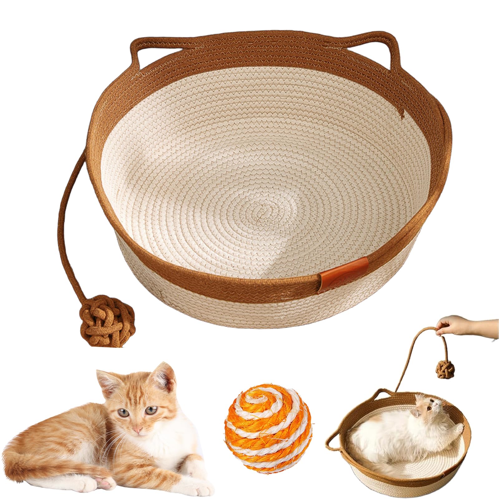 HItianya Virelapets Woven Rope Cat Basket, Virela Woven Rope Cat Basket, 13” /16” /18” Dual Pets Scratching Pad, Hand Ropes Cats Bed with Built-In Scratching Mat & Play Ball (Khaki, 13 in) — image 1