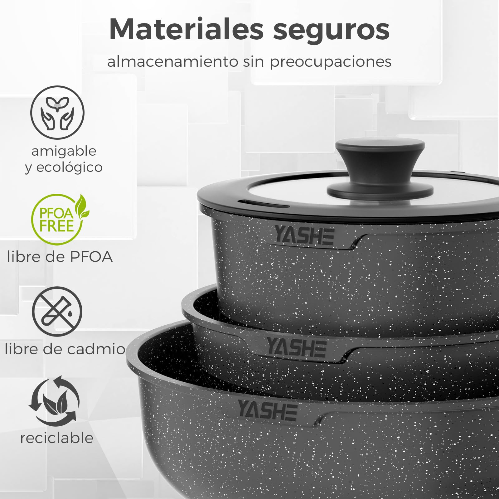 YASHE Juego de ollas y sartenes 15 piezas, revestimiento antiadherente granito, mangos desmontables, apilable, fácil de limpiar, compatible con inducción, gas y vitrocerámica, Blanco