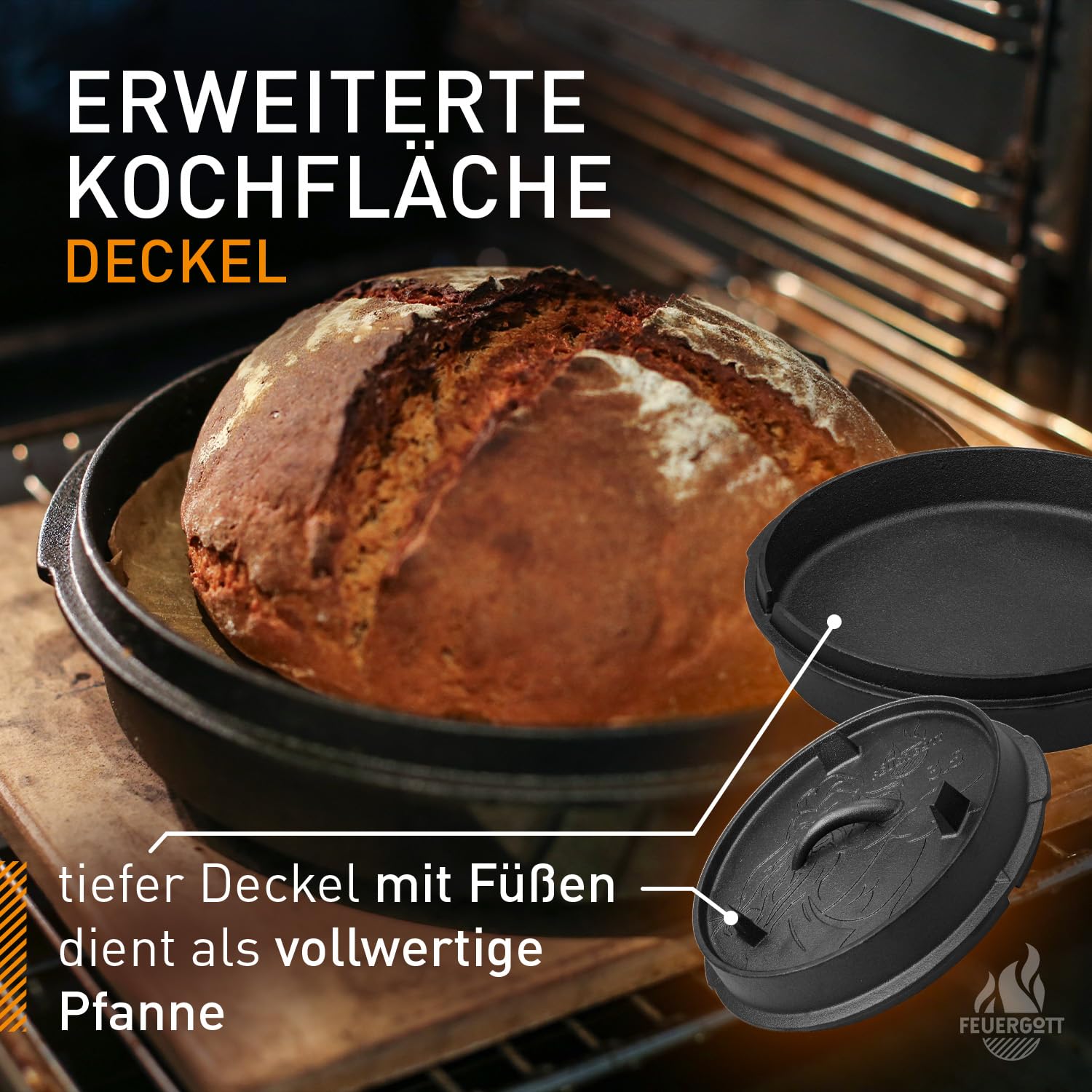 Dutch Oven 6L ohne Füße – Gusseisen Topf für Brot, Braten, Backofen, Herd, Induktion, Schmortopf für Familienküche, BBQ, Auflauf, große Portionen, Kochen, Grill, Bräter, rustikal, schwarz