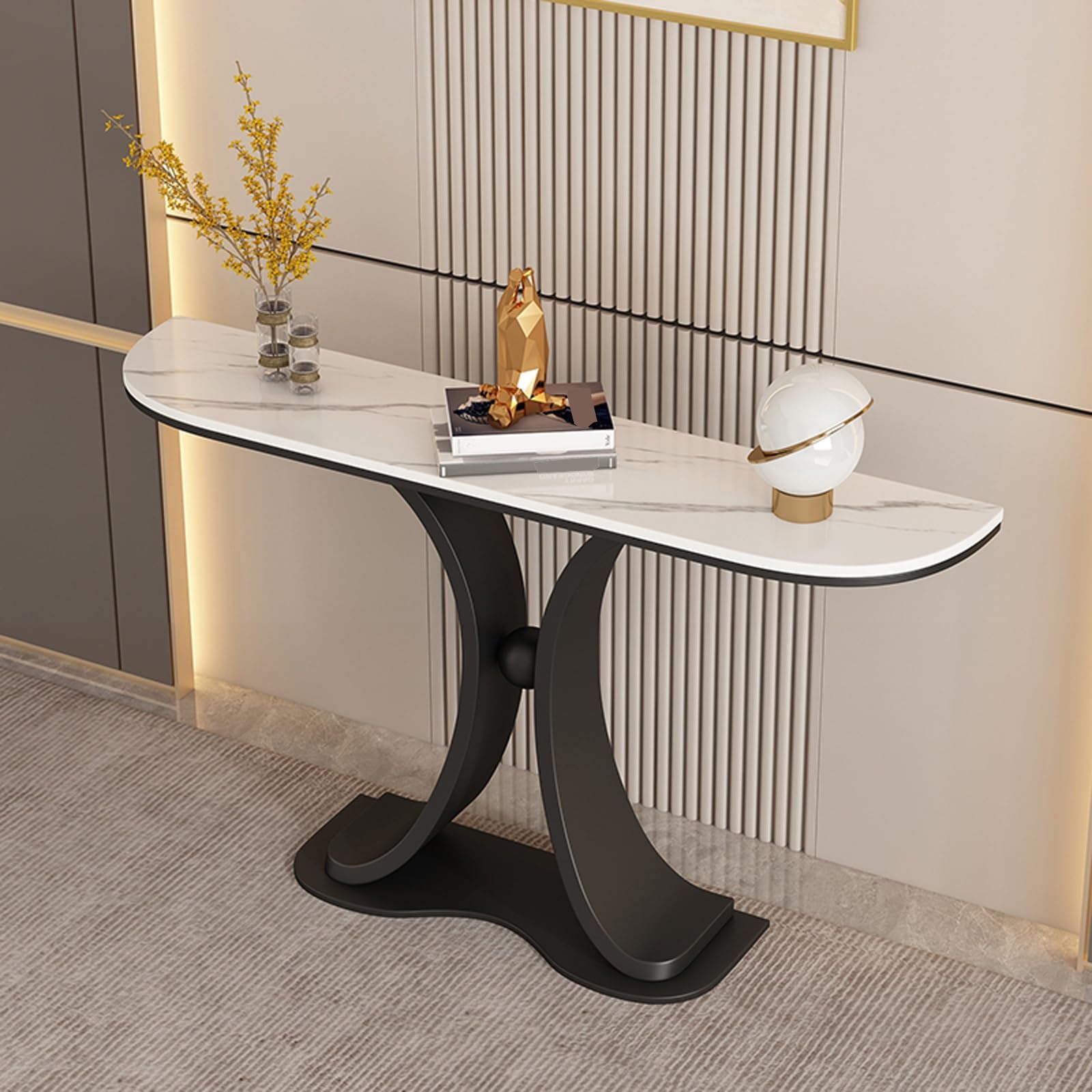 Consolle da Ingresso Stretta in Stile Industriale Moderno con Piano in Marmo e Base Geometrica in Metallo - 100 cm, Nera, Ideale per Ingresso e Soggiorno - Design Elegante e salvaspazio