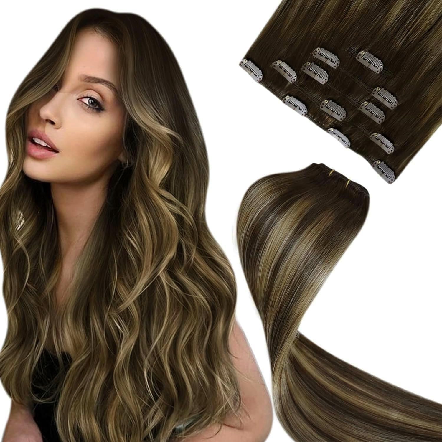 LaaVoo Hair Extensions Clip in Real Human Hair Brown Clip in Hair Extensions Dark Brown Full Head 16 Inch 120g 7pcs Remy Straight Hair Double Weft #4 — view 59