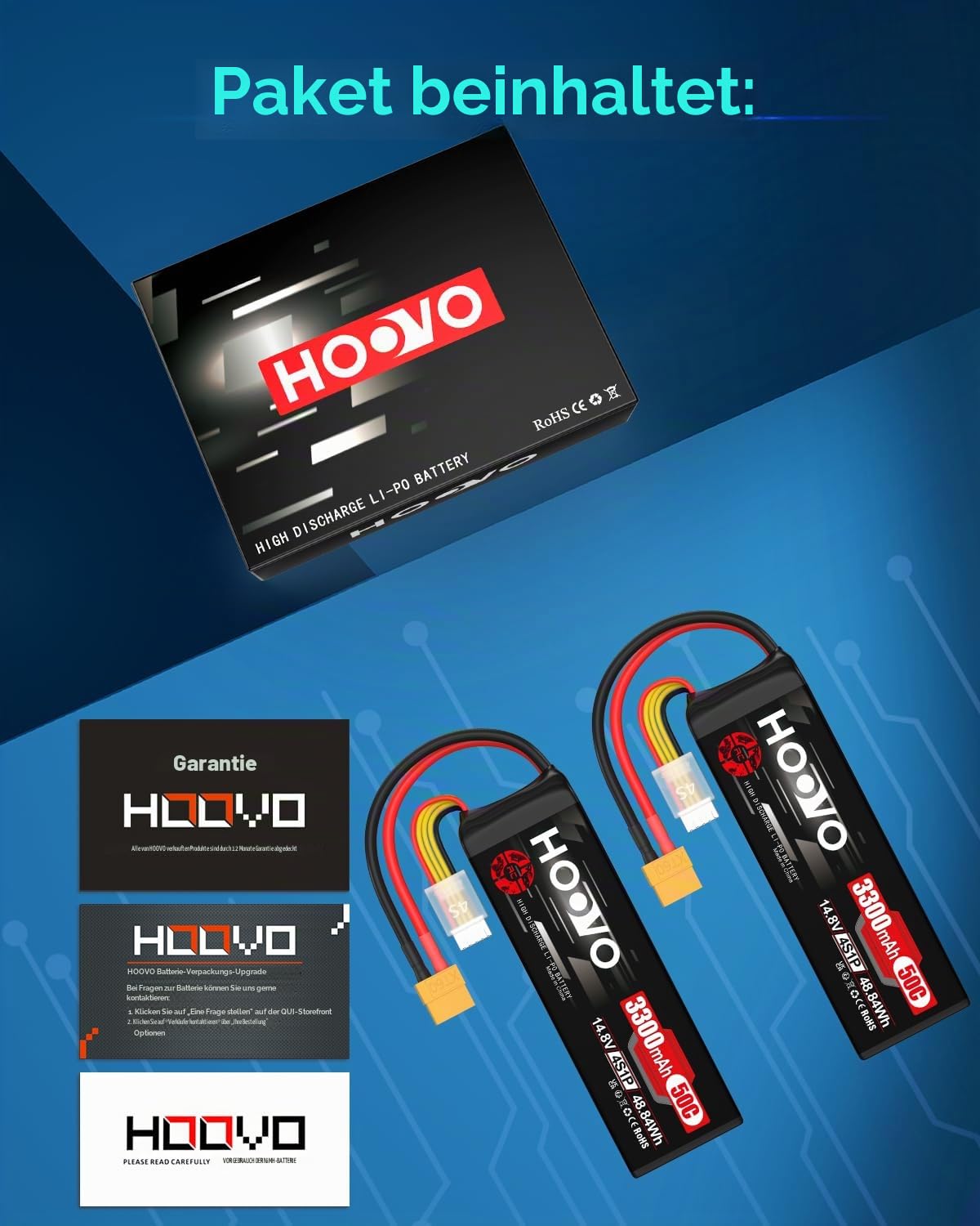 4S Lipo Akku 14,8V 3300mAh 50C RC Battery Softcase mit XT60 Stecker Aufladbarer Akkus HOOVO für RC Car Buggy Hubschrauber Flugzeug Boot Quadcopter Slash VXL Hobby(2 Stück)