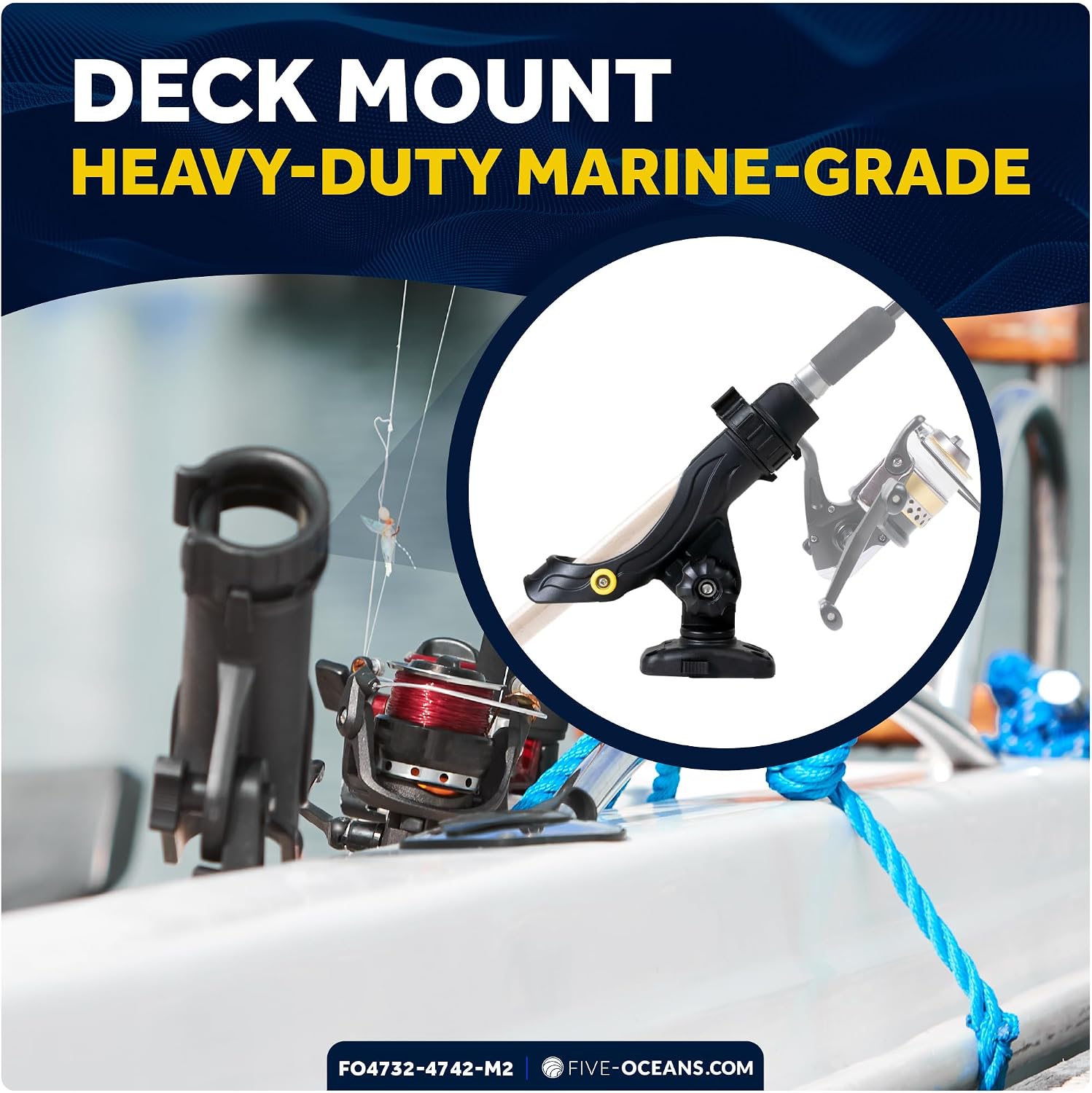 Five Oceans 2-Pack Fishing Rod Holder Set, Black, High-Impact Nylon, Hook Keeper & Locking Collar, with 2 Rail & 2 Deck Mount Bases for Versatile Mounting