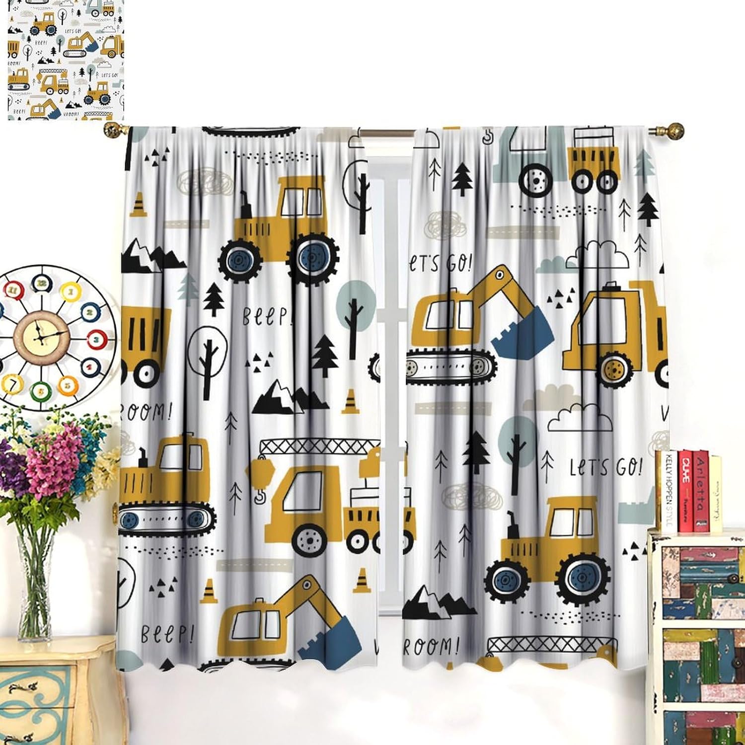 Construction Truck Curtain Cartoon Excavator Vehicle Tractor Cars for Boys Kids Machinery Navy Blue for Girls Boys Living Room Bedroom Decor Drapes 2 Panels 52x84in, Style-4