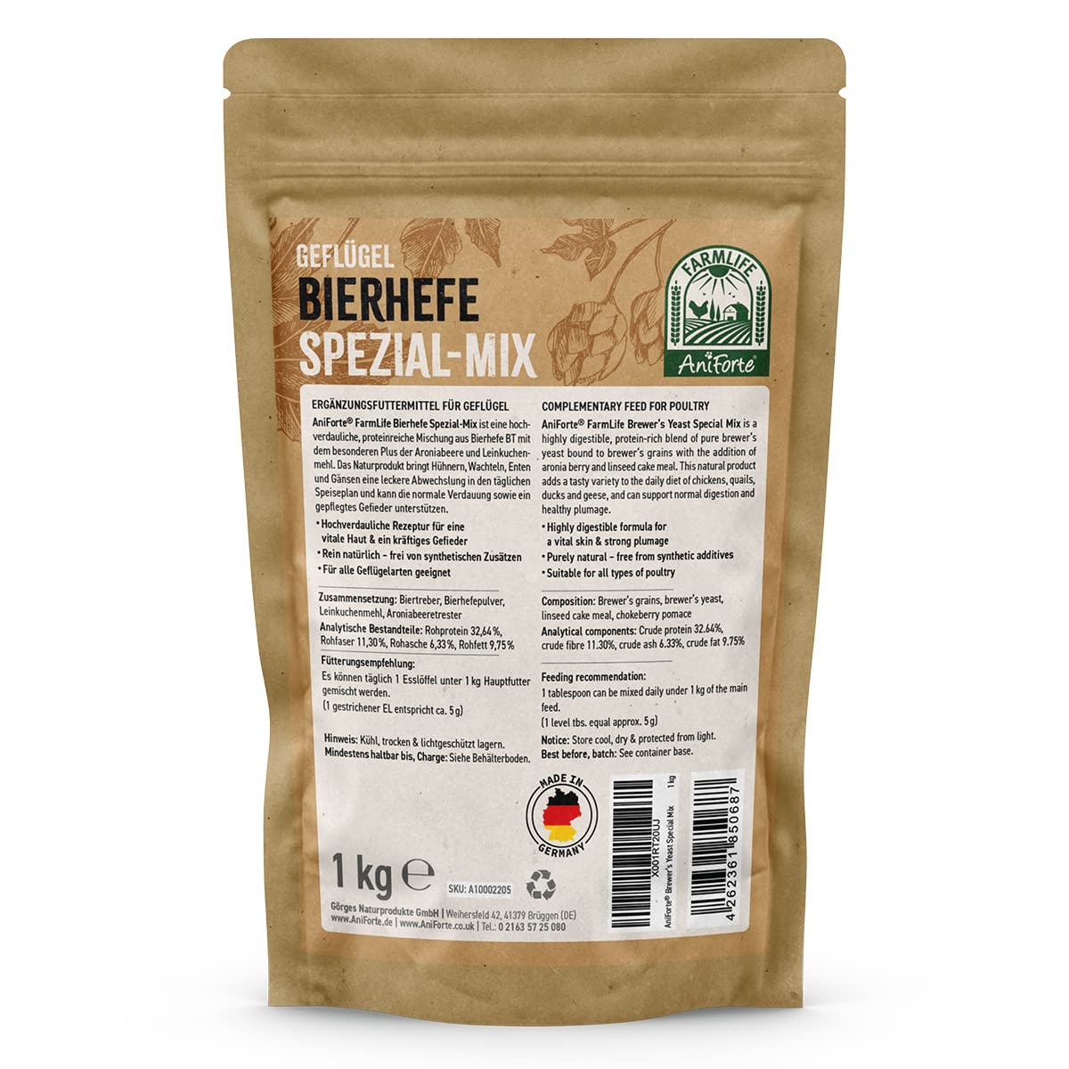 FarmLife Lievito di birra per polli e pollame, mix speciale, 1 kg, integratore naturale in lievito di birra BT, bacche di aronia e farina di torta di lino, supporta la digestione, la pelle e la