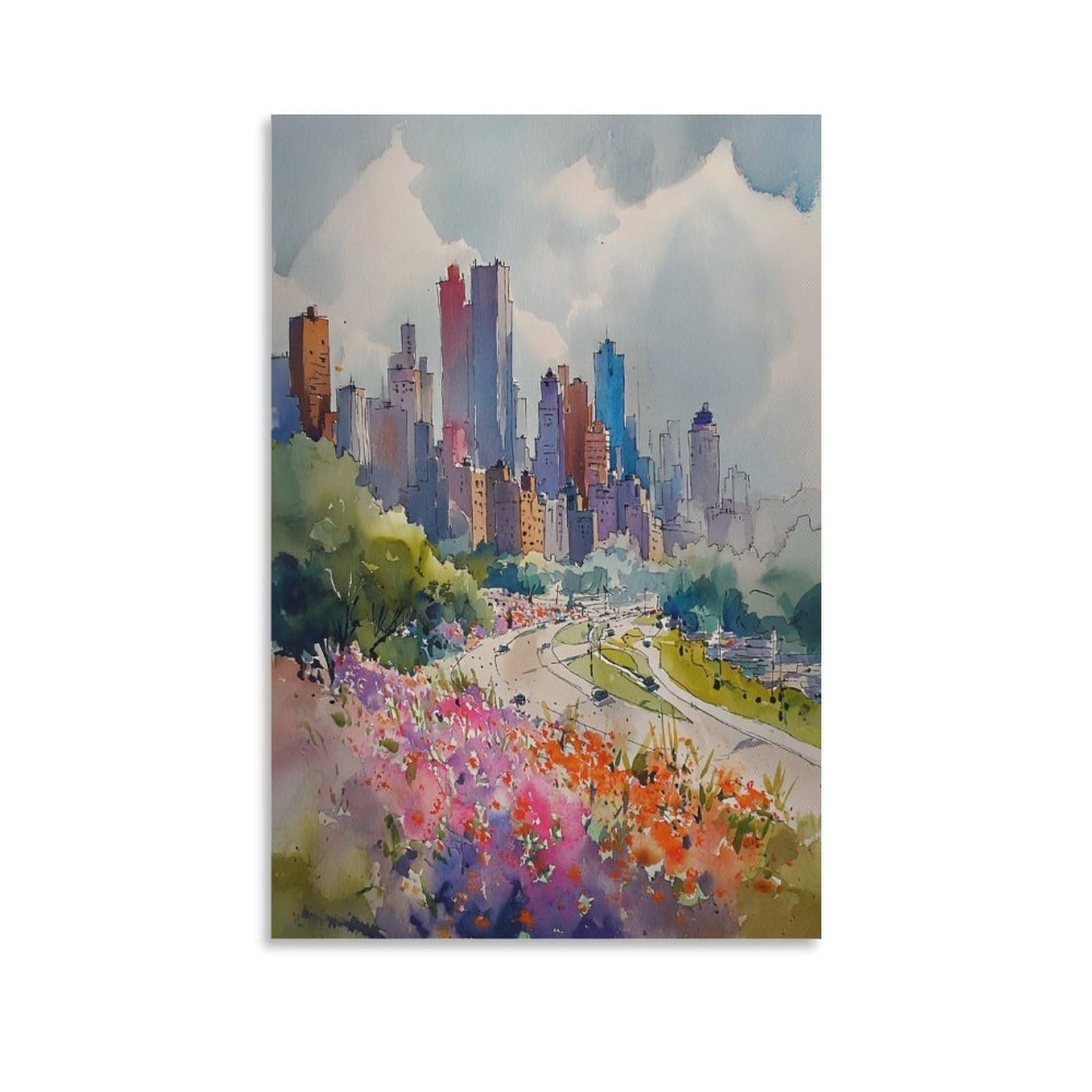 XWYMXZ Calgary Skyline Watercolor Painting Canada Travel Posters 24x36inch(60x90cm) Vintage Watercolor Canvas Art