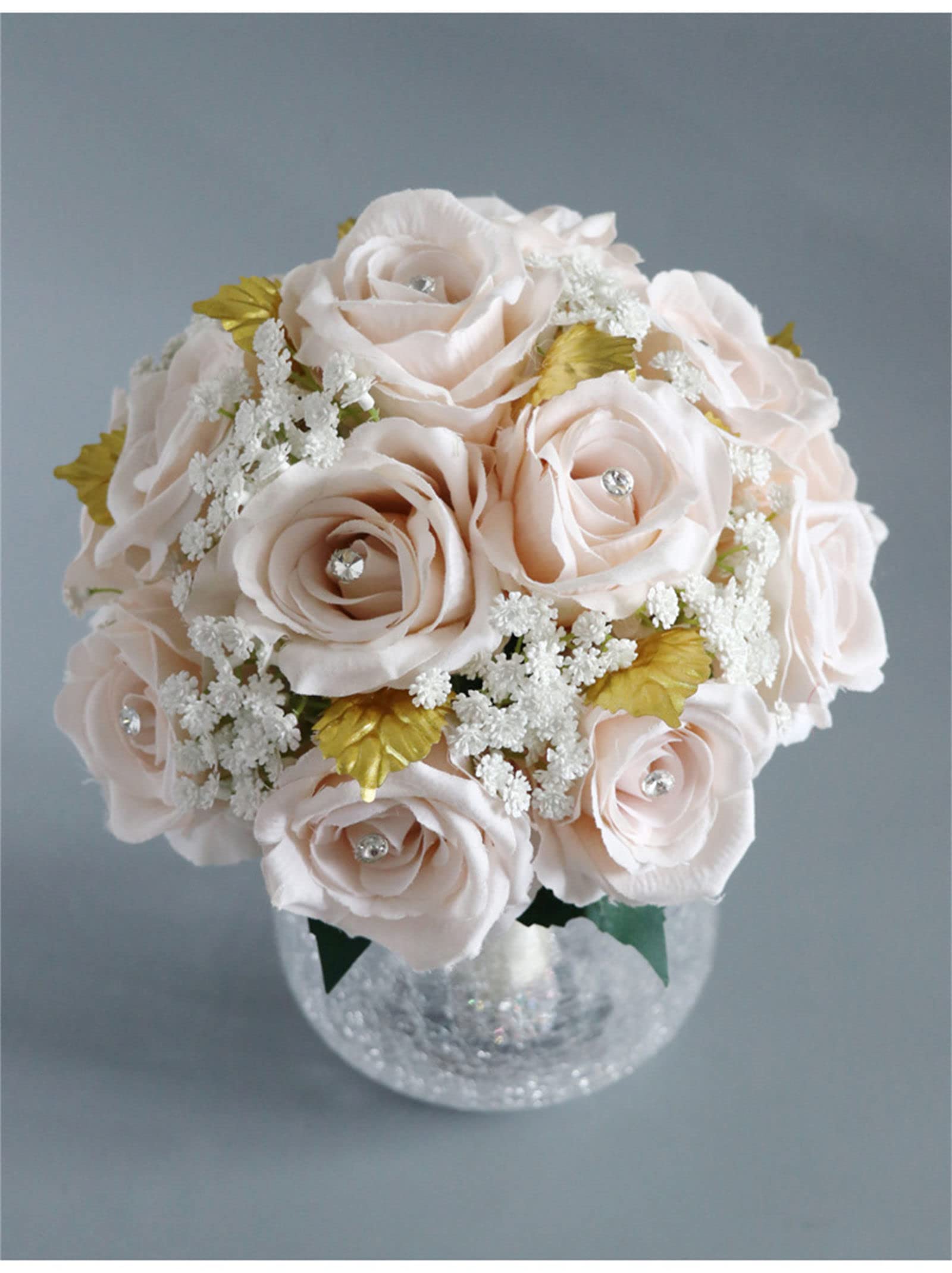 Bouquet di Fiori Artificiali da 8 Pollici, Rose Bianche finte in Seta, Bouquet da Sposa per Cerimonia, Anniversario, Baby Shower, Boho Rustico Vintage.