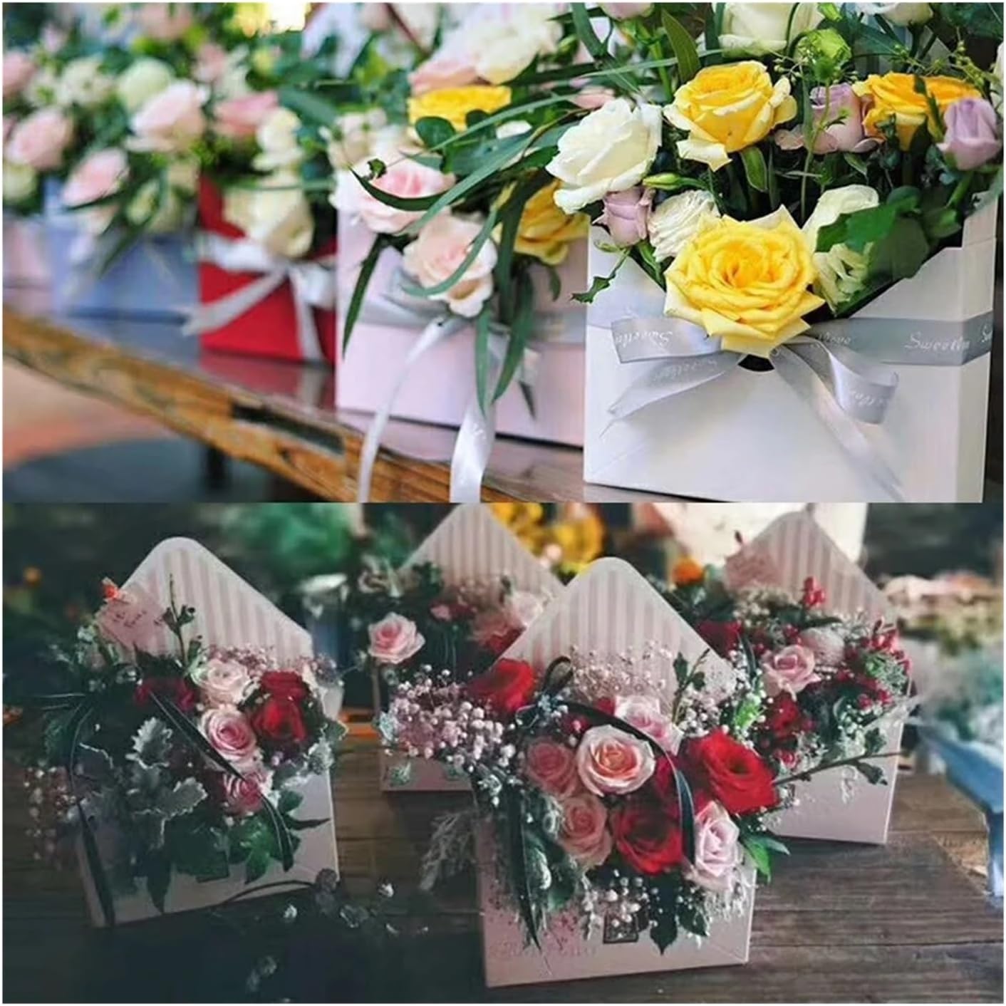 Dnyucen Valentine Envelope Flower Boxes 10PCS Striped Romantic Holder for Wedding Engagement Party Bouquet Gift Storage