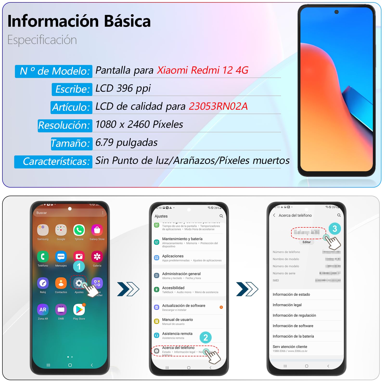 RongZy Pantalla para Xiaomi Redmi 12 4G 23053RN02A Táctil LCD de Repuesto Ensamblaje Digitalizador Reemplazo para Xiaomi Redmi 12 5G 23076RN8DY con Herramientas de Reparación(Negro con Marco)