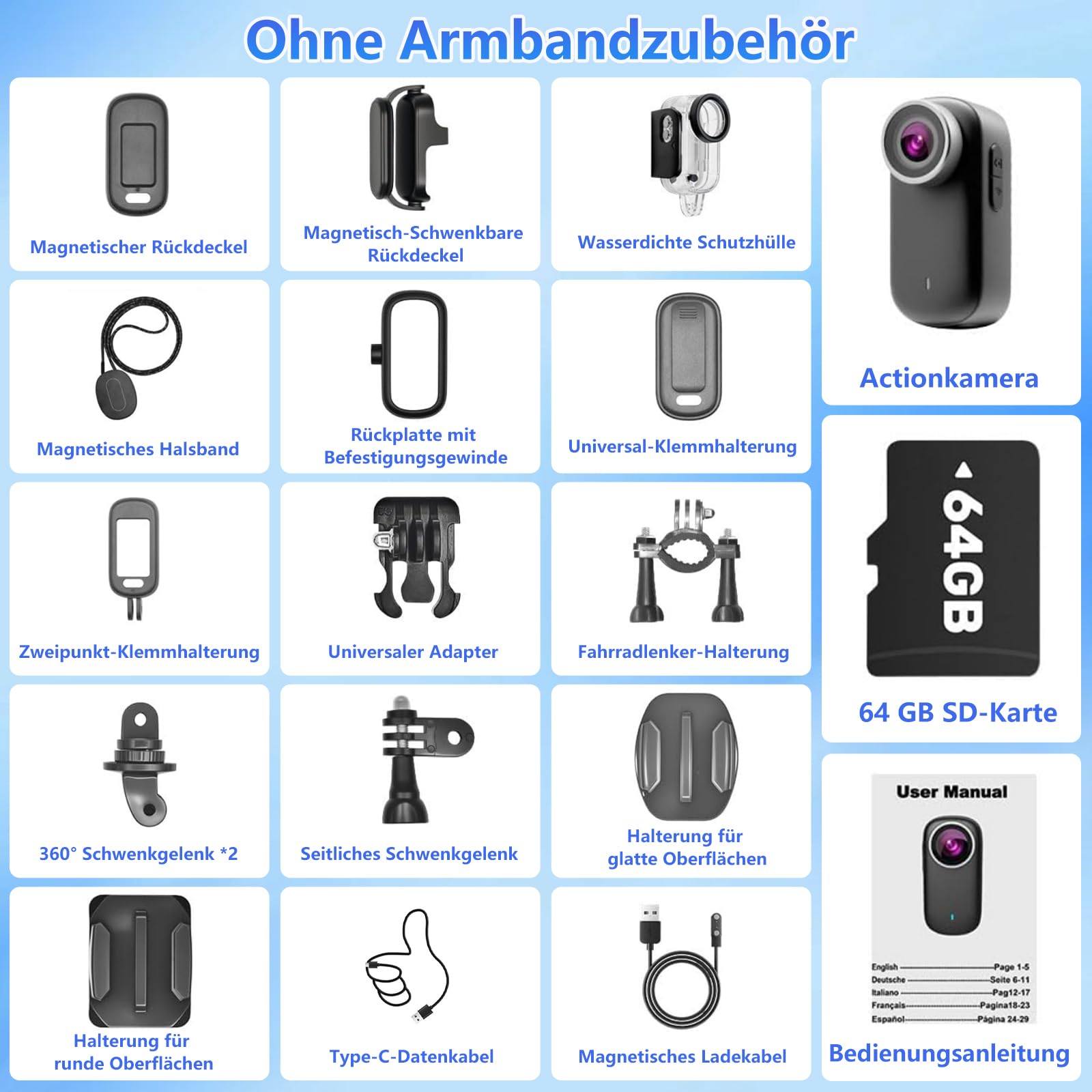 Mini Action Cam 4K WiFi mit Bildschirm und wasserfestes Gehäuse, 64GB UHD 150° Weitwinkel IP65 Bodycam, Tragbare Anti-Shake Helmkamera Motorrad für Sport & Outdoor-Aktivitäten (64G Card)