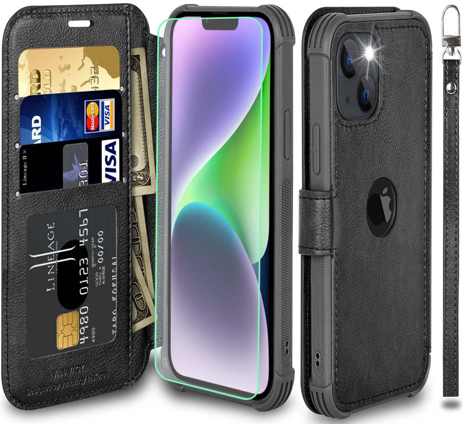 VANAVAGY Wallet Case Compatible for iPhone 14 Plus/15 Plus for Women and Men,RFID Flip Leather Cover with Wrist Supports Wireless Charging with Card Holder and Glass Screen Protector,Black