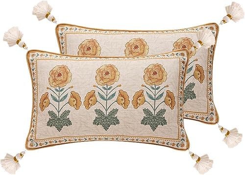 Fundas de almohada de diseño para sofá de 12 x 20 pulgadas, funda de almohada vintage de lino suave francés con patrón floral de margaritas beige,