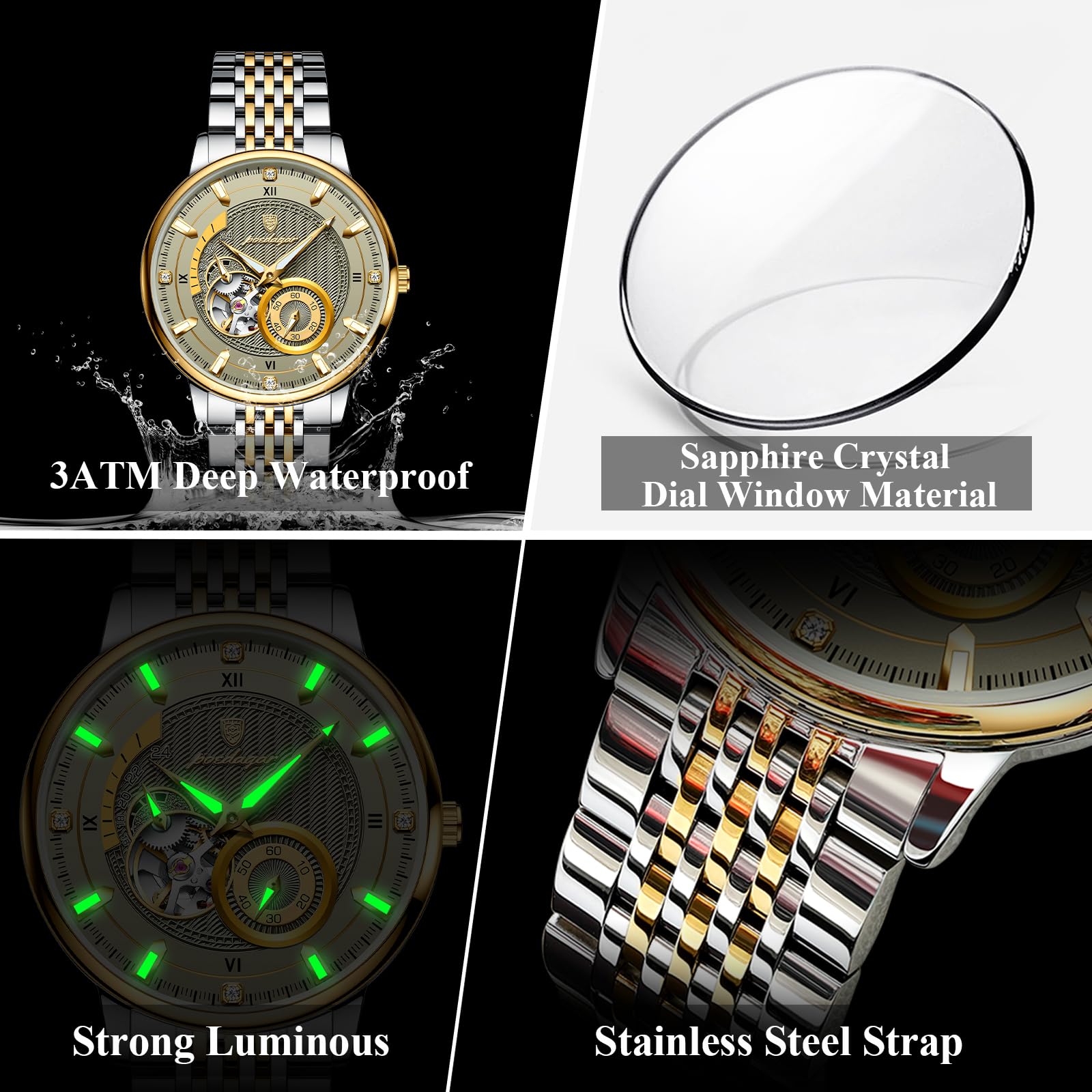 Poedagar Luxuriöse Herren-Armbanduhr, automatisches Skelett, mechanisch, wasserdicht, leuchtend, hohl, Tourbillon, Edelstahl, Herrenuhren