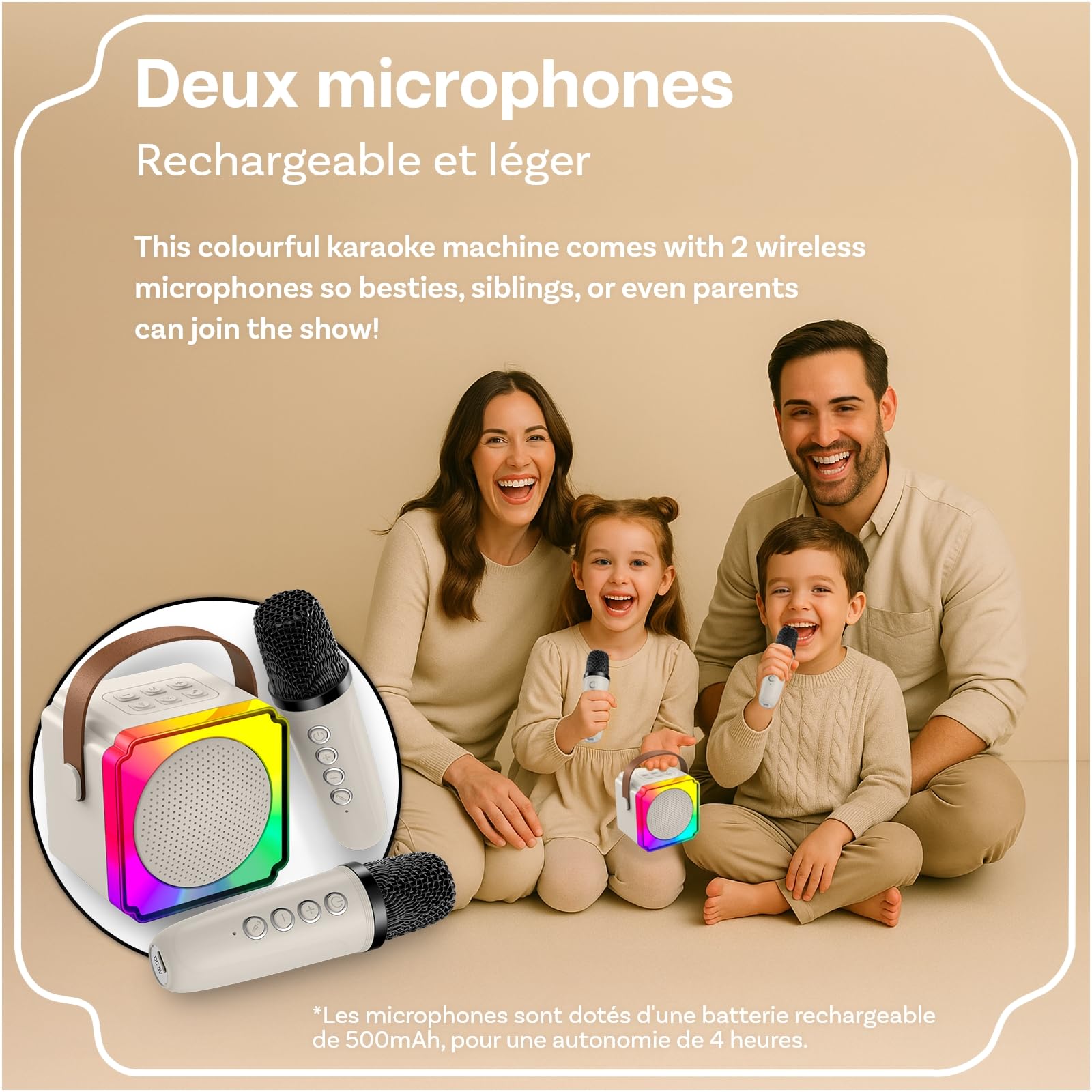Machine à Karaoké avec 2 Microphone sans Fil pour Enfants par MMOBIEL – Enceinte Bluetooth Portable, 2 Microphone, Effets de Voix, Lumière LED – Micro Karaoke, Cadeau Fille, Garcon, Enfants 3+, Beige