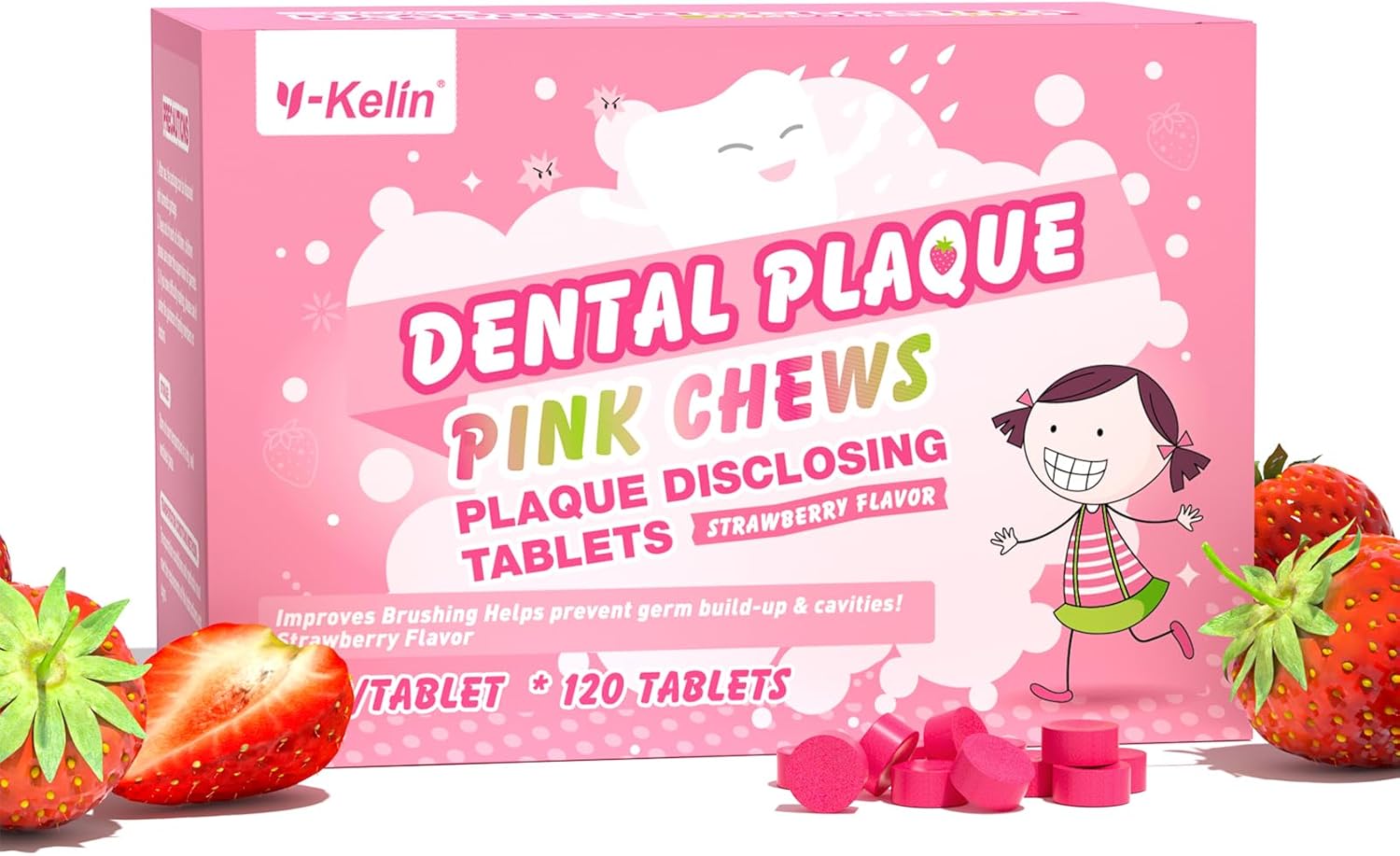 Y-Kelin Dental Plaque Disclosing Tablets for Kids & Adults - Showing Plaque by Changing Color - Helps Teach Brushing Habits for Clean Teeth - Strawberry Flavor - 120 Count