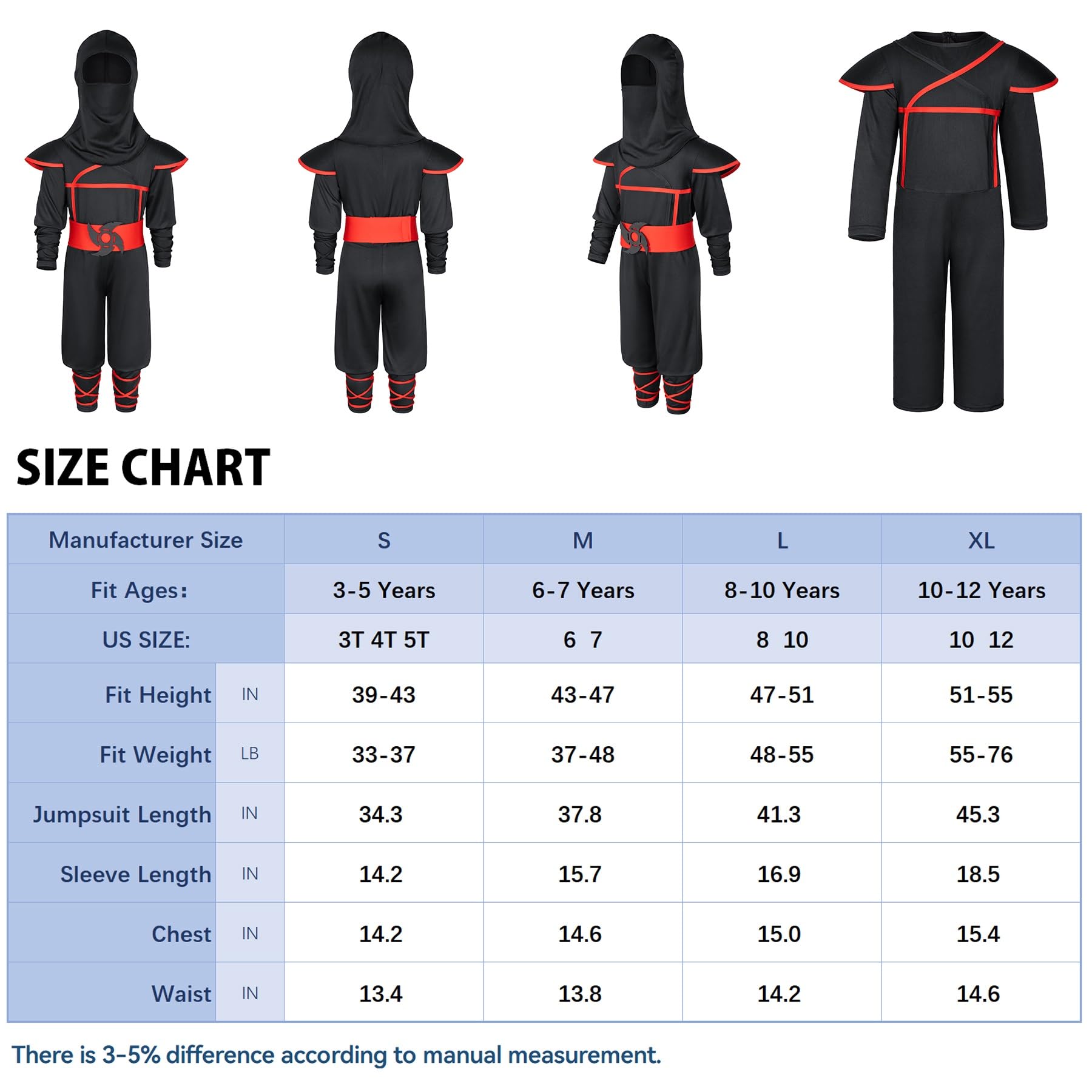 Ninjia - Disfraz para niños y niñas, disfraz de Ninja para niños con accesorios Ninja de lujo para Halloween Cospaly Dress Up