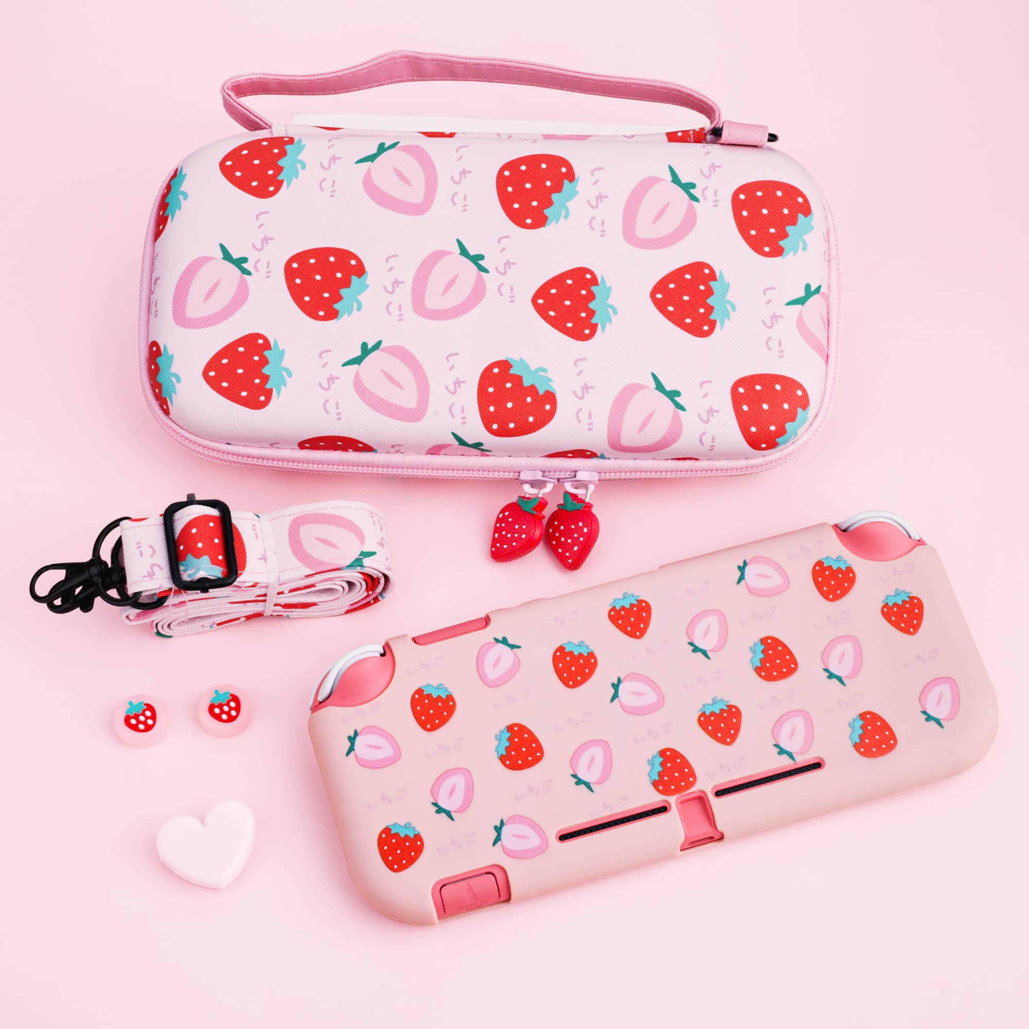 RHOTALL Custodia per Nintendo Switch Lite, graziosa custodia per Switch Lite con guscio protettivo in TPU, tracolla regolabile, protezione schermo e 2 tappi per pollice, fragola