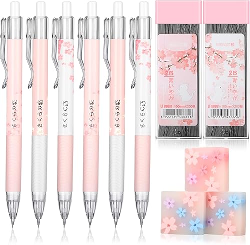 Juego de 14 lápices mecánicos, 9 lápices mecánicos automáticos de metal de 0.028in, 2 repuestos reemplazables de tubos HB, 3 bonitos borradores de