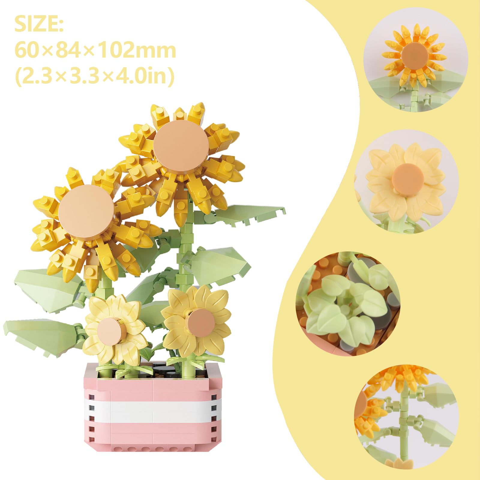 CYIOU 2 Pieces Mini Flowers Building Blocks Set Artificial Potted Flowers Blocks Botanical Collection Flower Home Decor for Adults Kids Ages 7+ (Rose 317 Pcs Sunflowers 367 Pcs) - Image 2