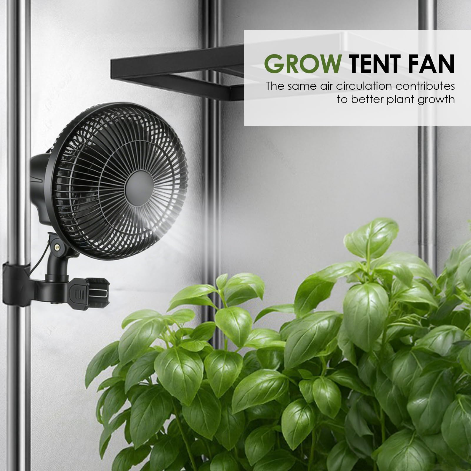 Grow Clip-Ventilator 25W, Oszillierender Klemmbar 22cm Durchmesser für Growzelt Growbox mit 1.5m langes Kabel, Oszillierender Lüfter mit Clip, 2 Geschwindigkeitsstufen