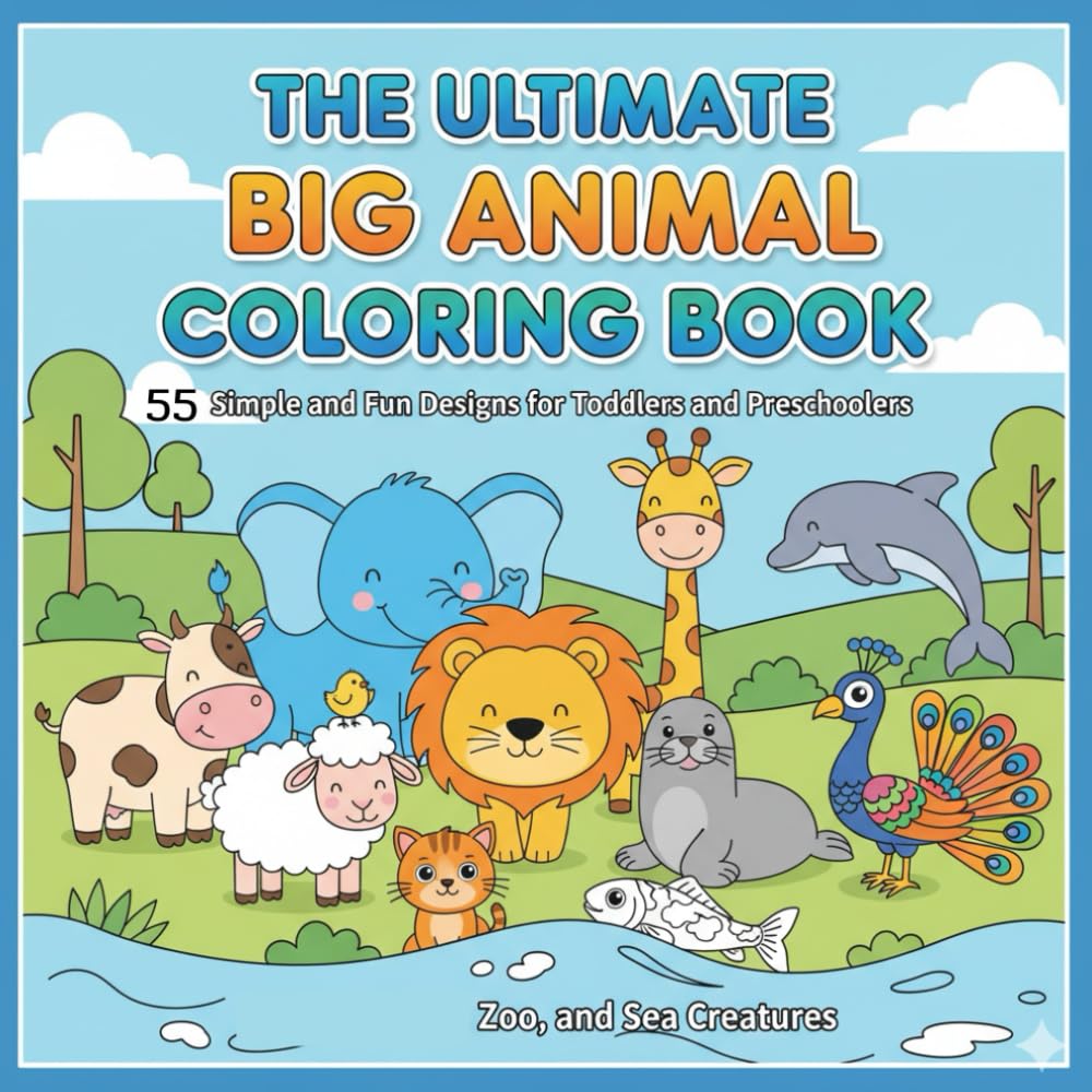 THE ULTIMATE BIG ANIMAL COLORING BOOK: 55 Simple and Fun Designs for Toddlers and Preschoolers to Zoo, and Sea Creatures.
